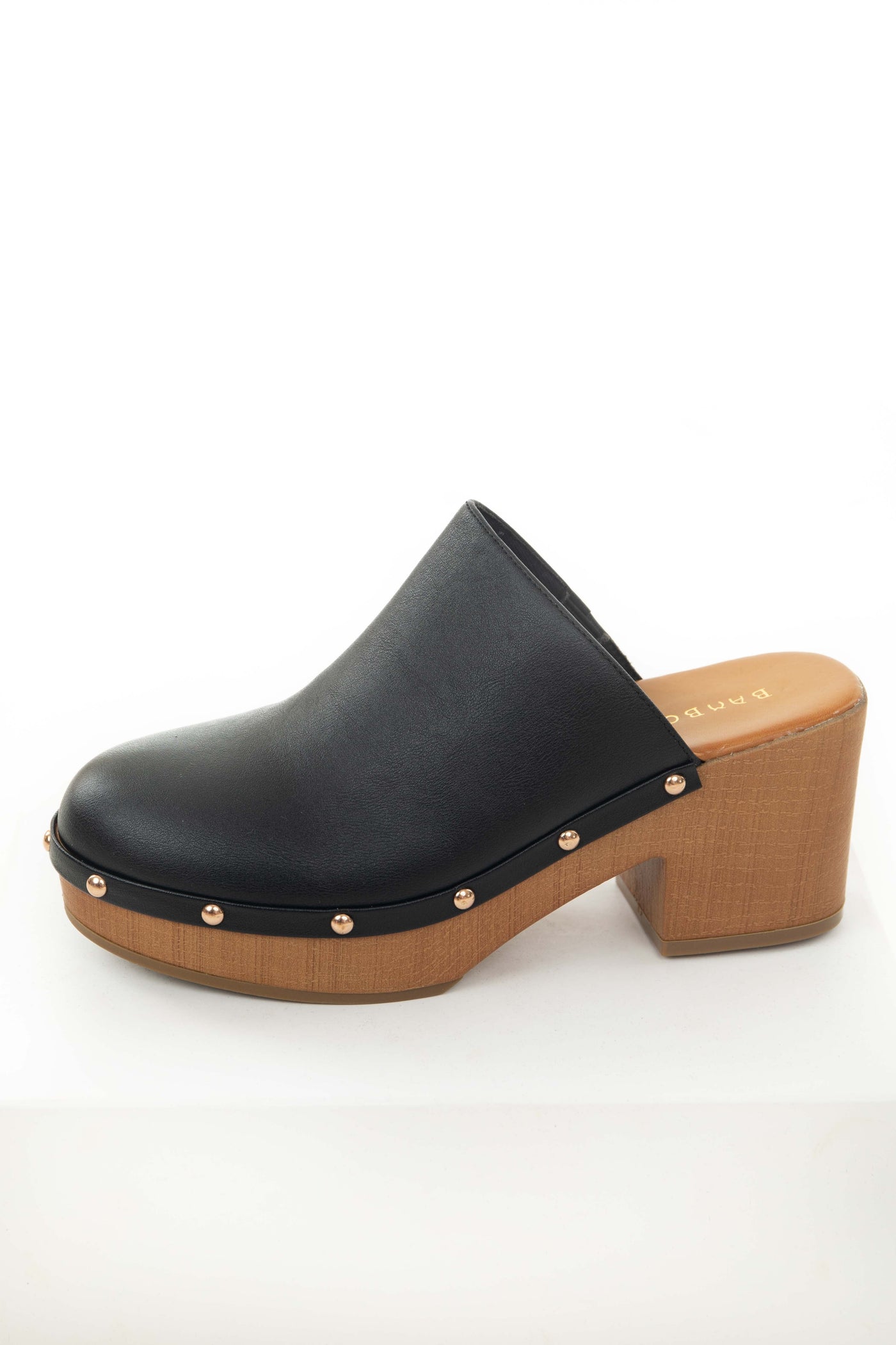 Black Faux Leather Rounded Toe Studded Clogs