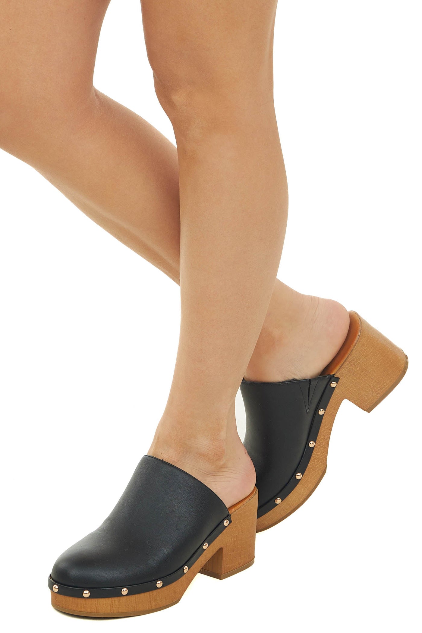 Black Faux Leather Rounded Toe Studded Clogs