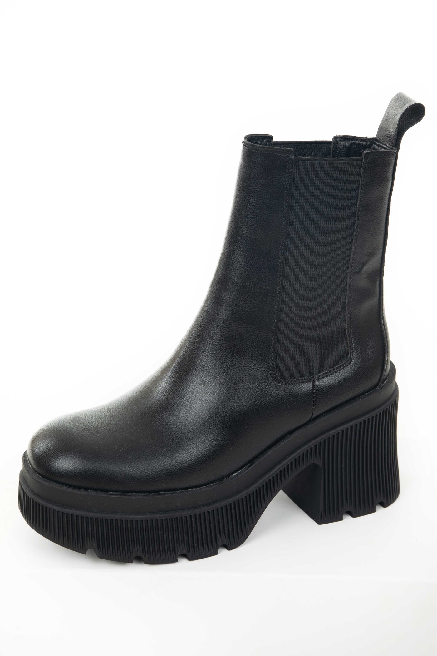 Black Faux Leather Side Panel Chunky Lug Boots
