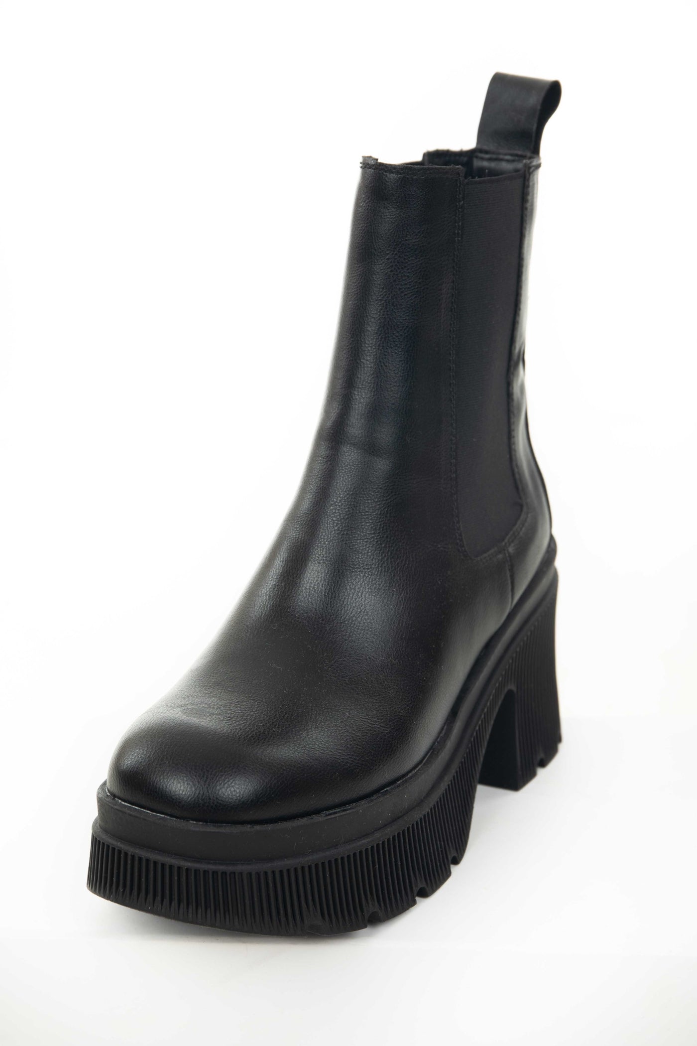 Black Faux Leather Side Panel Chunky Lug Boots