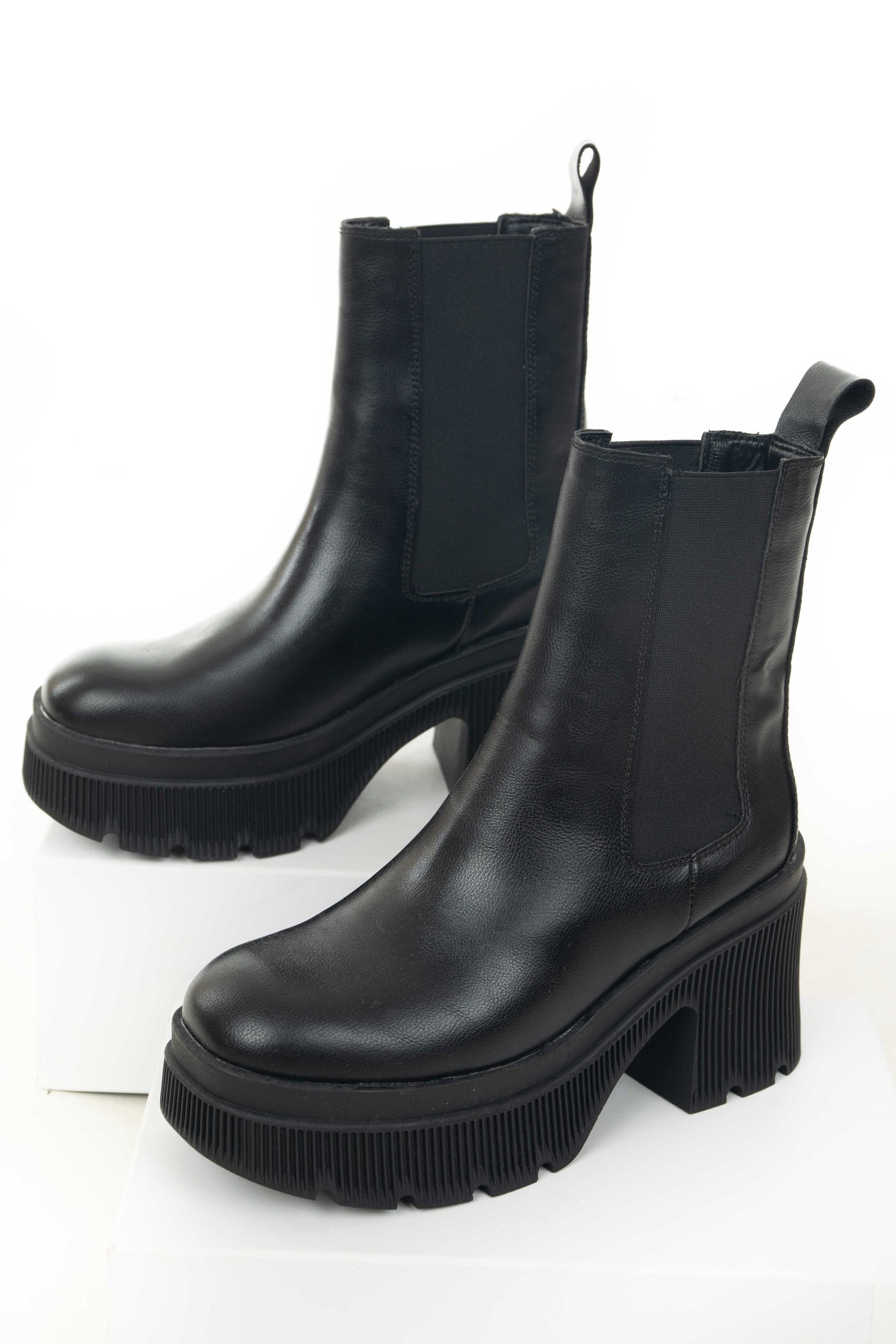 Black Faux Leather Side Panel Chunky Lug Boots