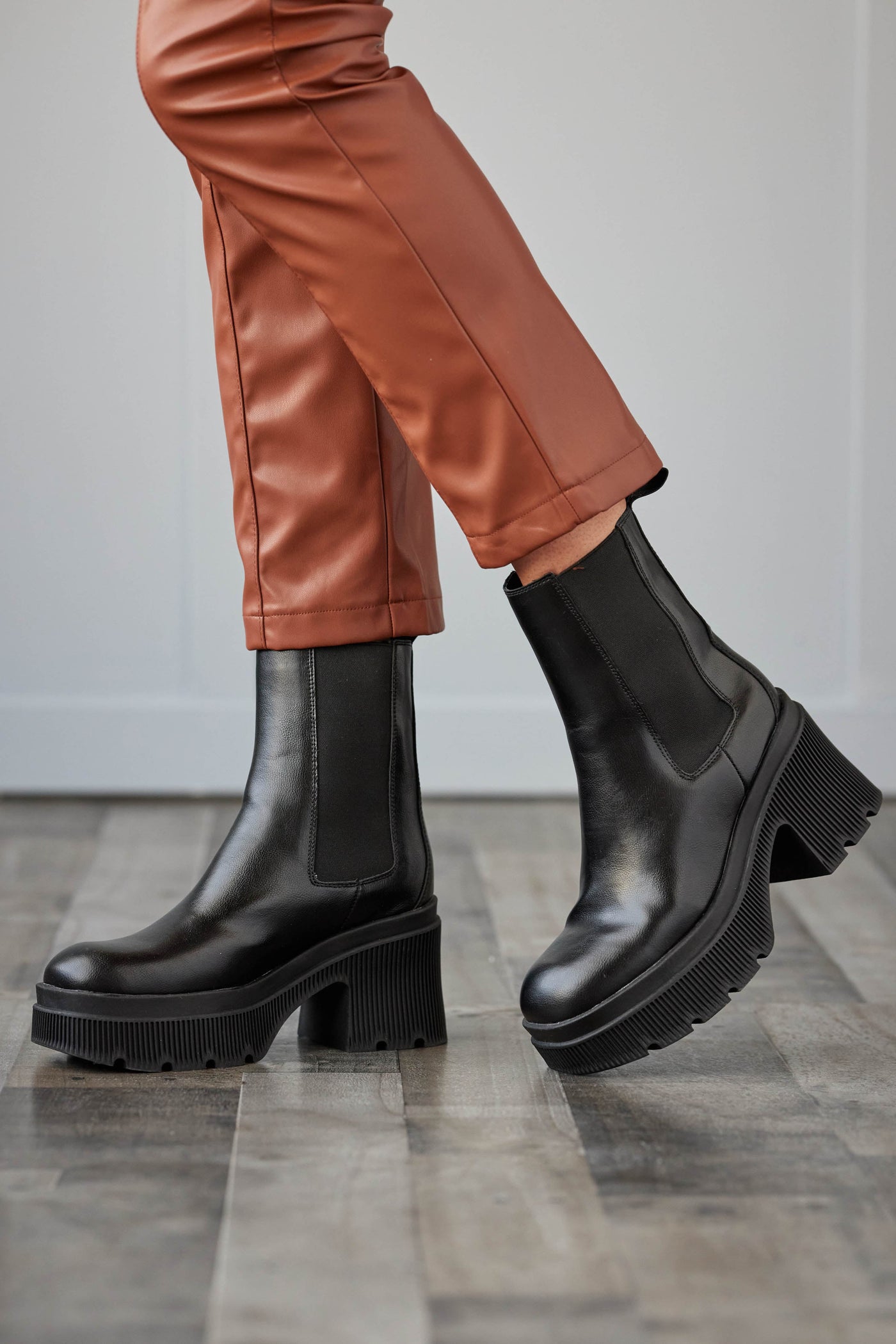 Black Faux Leather Side Panel Chunky Lug Boots