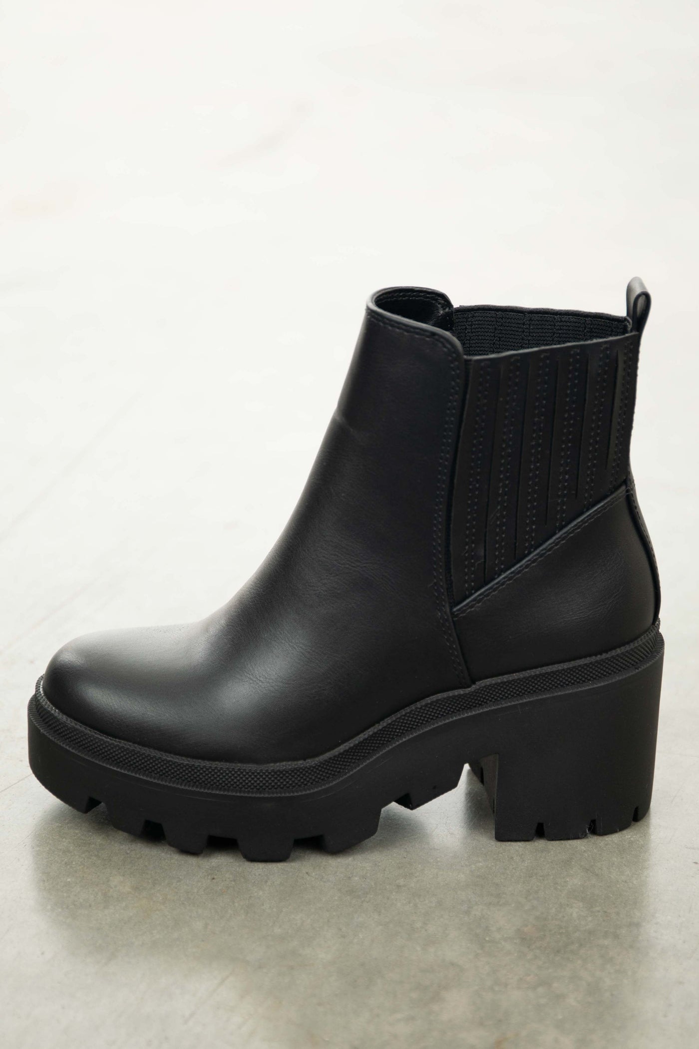 Black Faux Leather Slip On Heeled Lug Boots