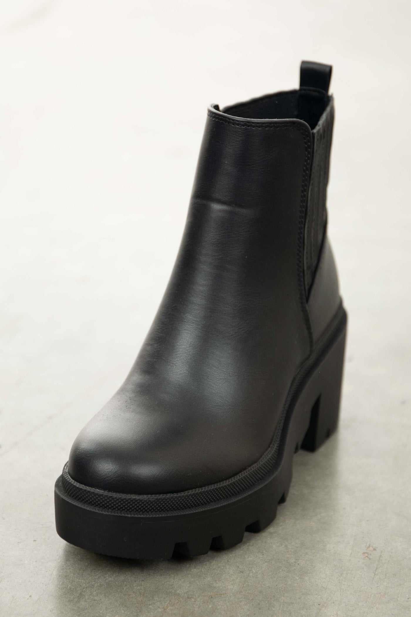 Black Faux Leather Slip On Heeled Lug Boots