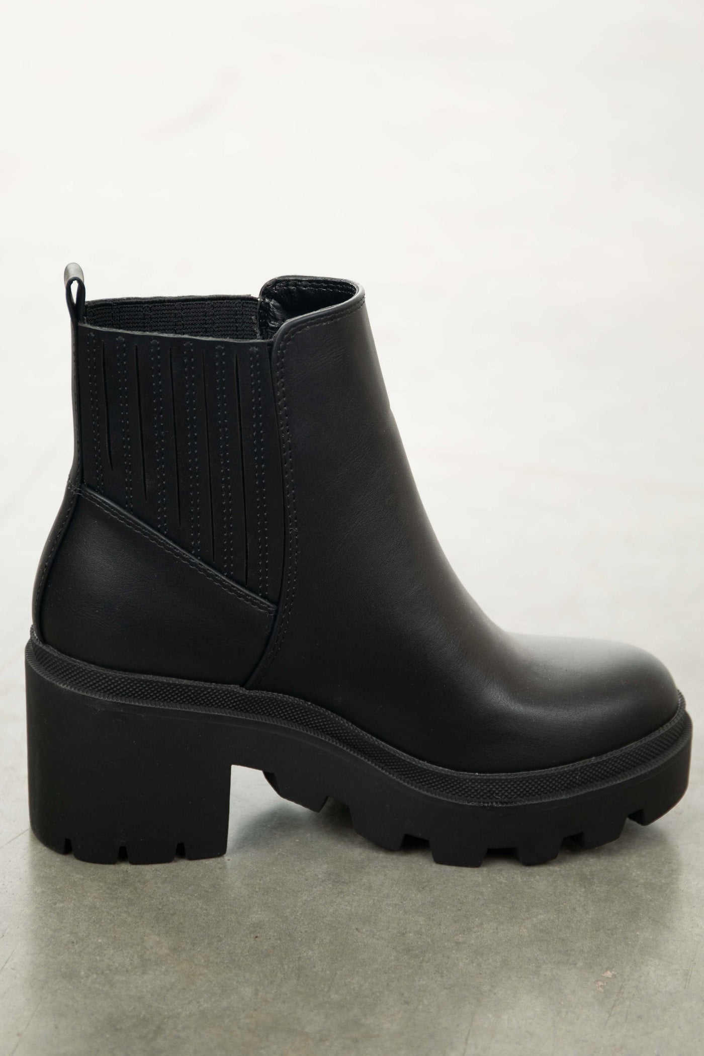 Black Faux Leather Slip On Heeled Lug Boots