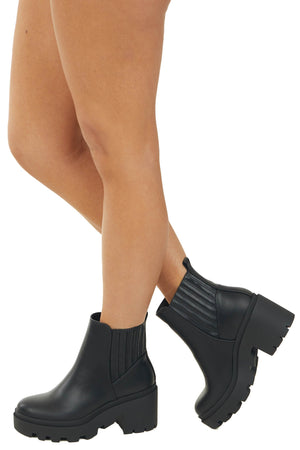 Black Faux Leather Slip On Heeled Lug Boots