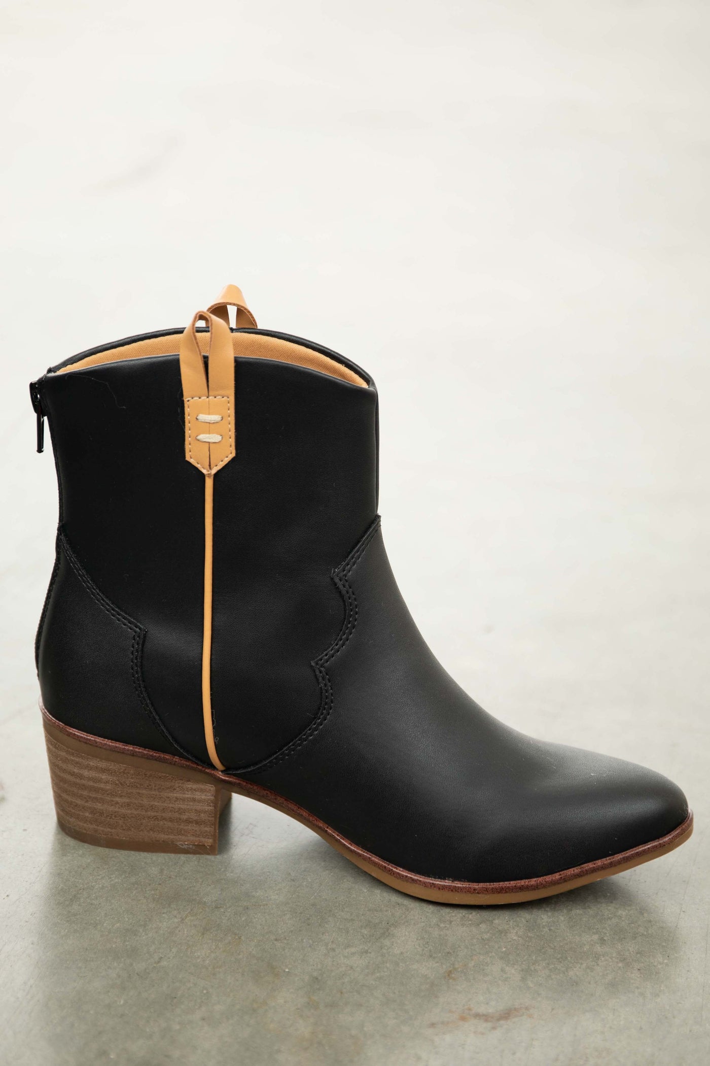 Black Faux Leather Western Booties with Pull Tabs