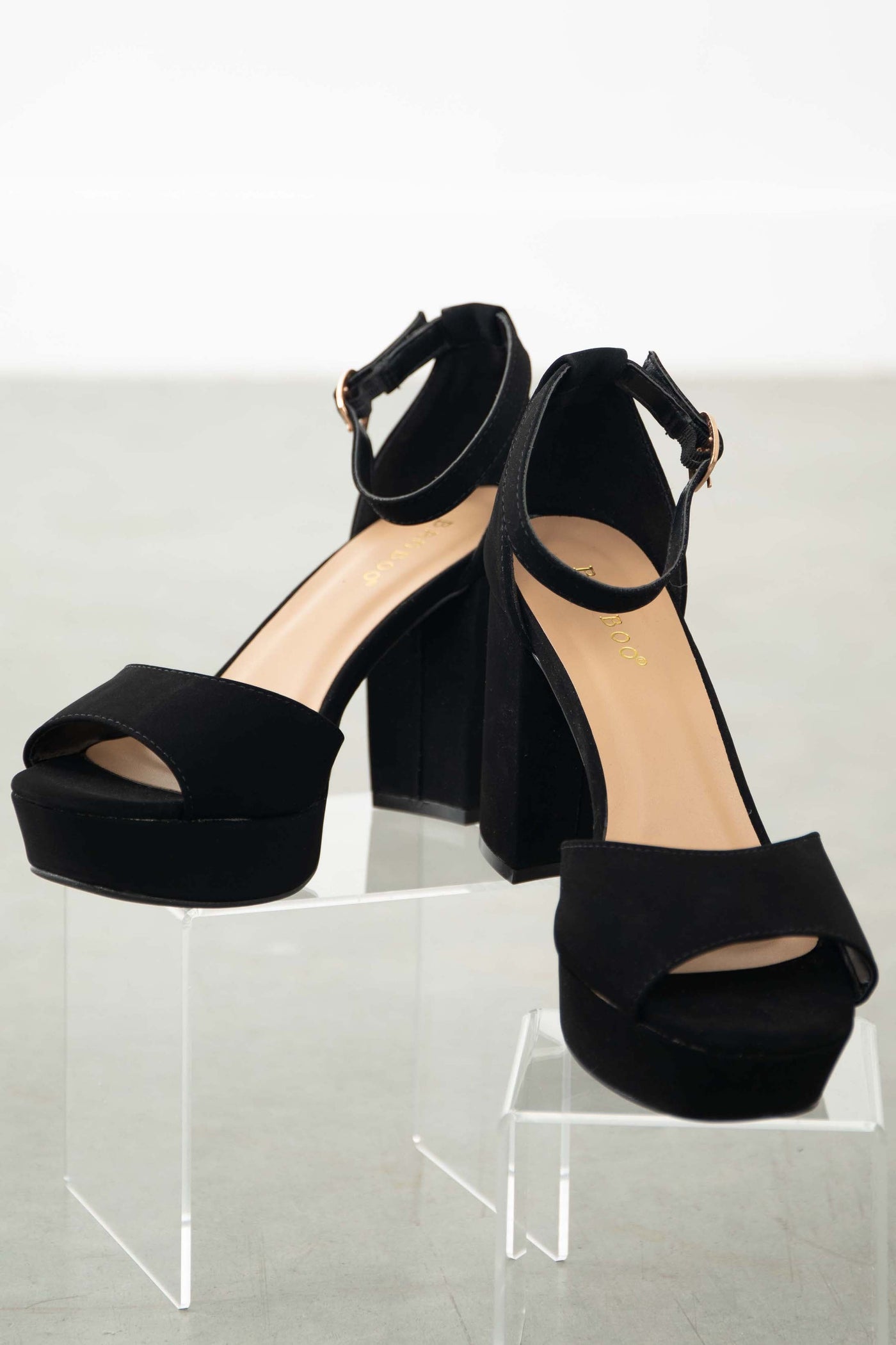 Black Faux Nubuck Open Toe Platform Heels