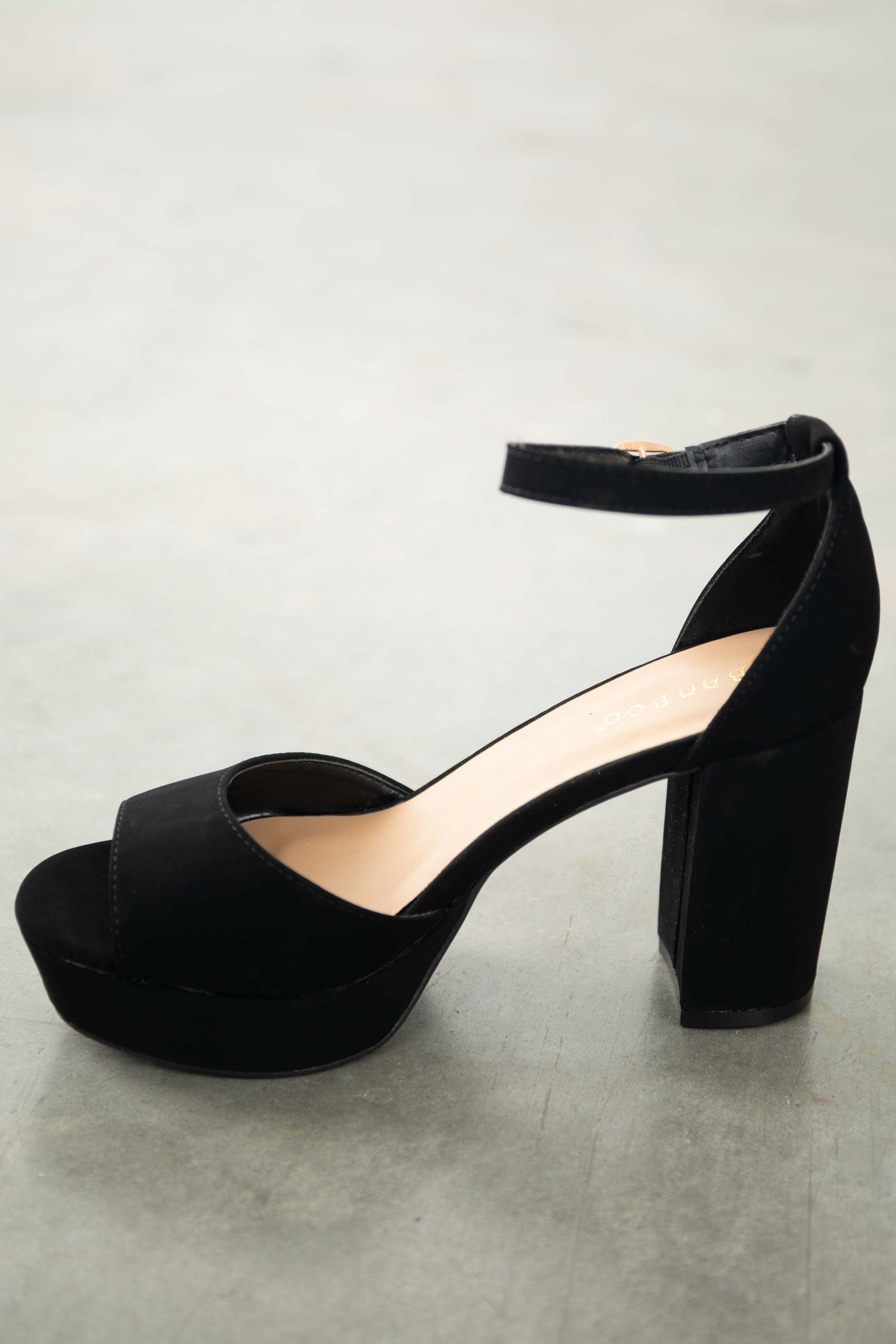 Black Faux Nubuck Open Toe Platform Heels