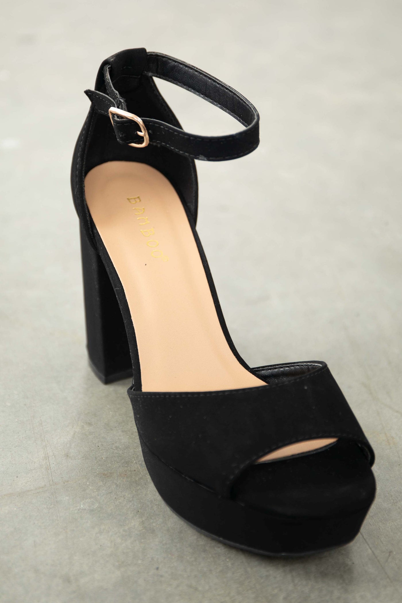 Black Faux Nubuck Open Toe Platform Heels