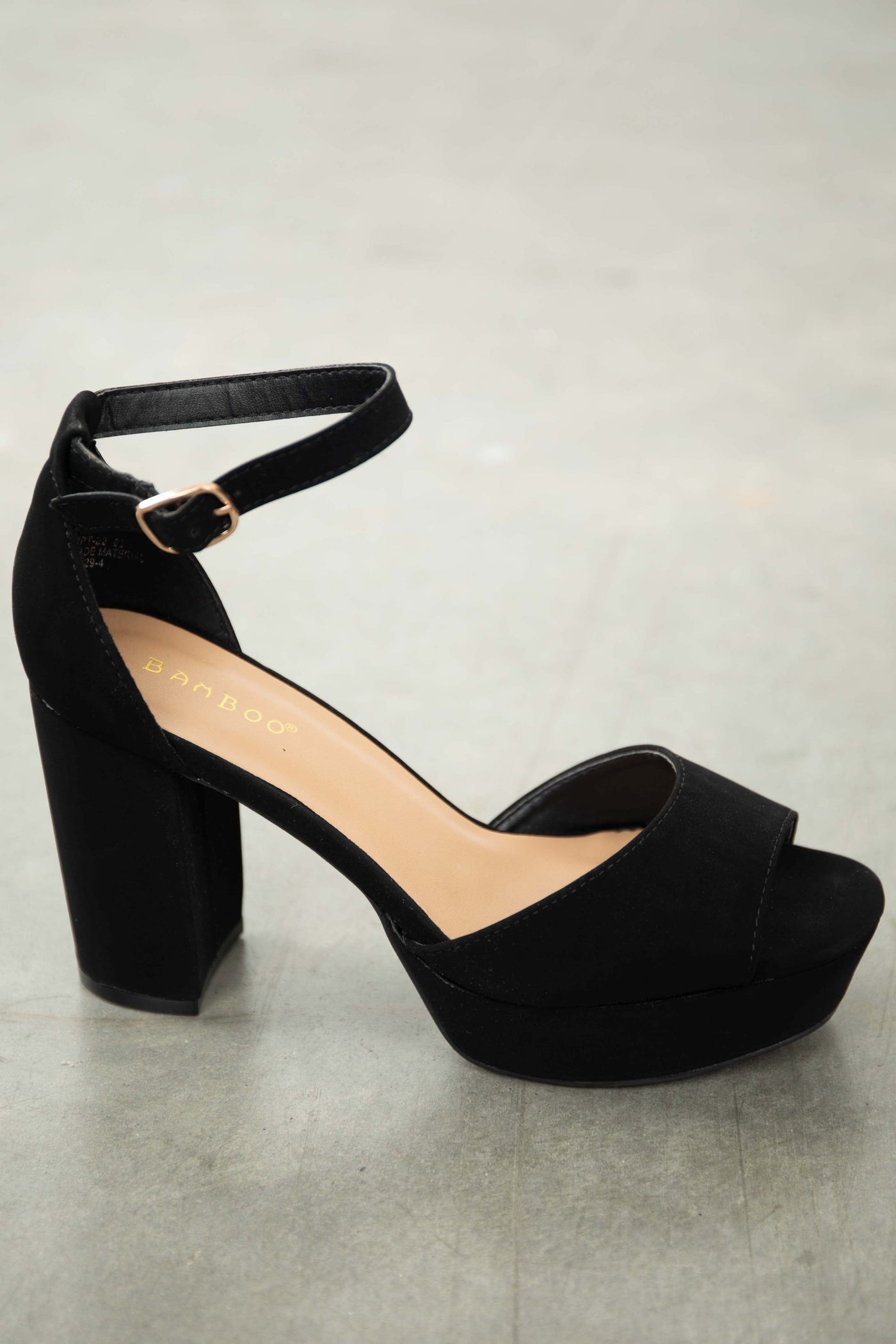 Black Faux Nubuck Open Toe Platform Heels