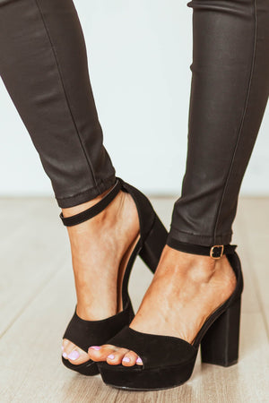 Black Faux Nubuck Open Toe Platform Heels