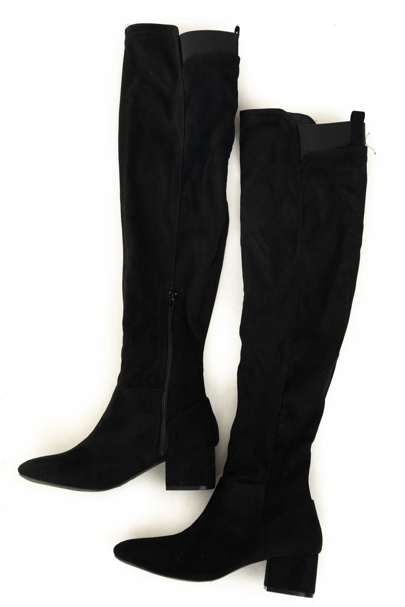 Black Faux Suede Block Heel Knee High Boots