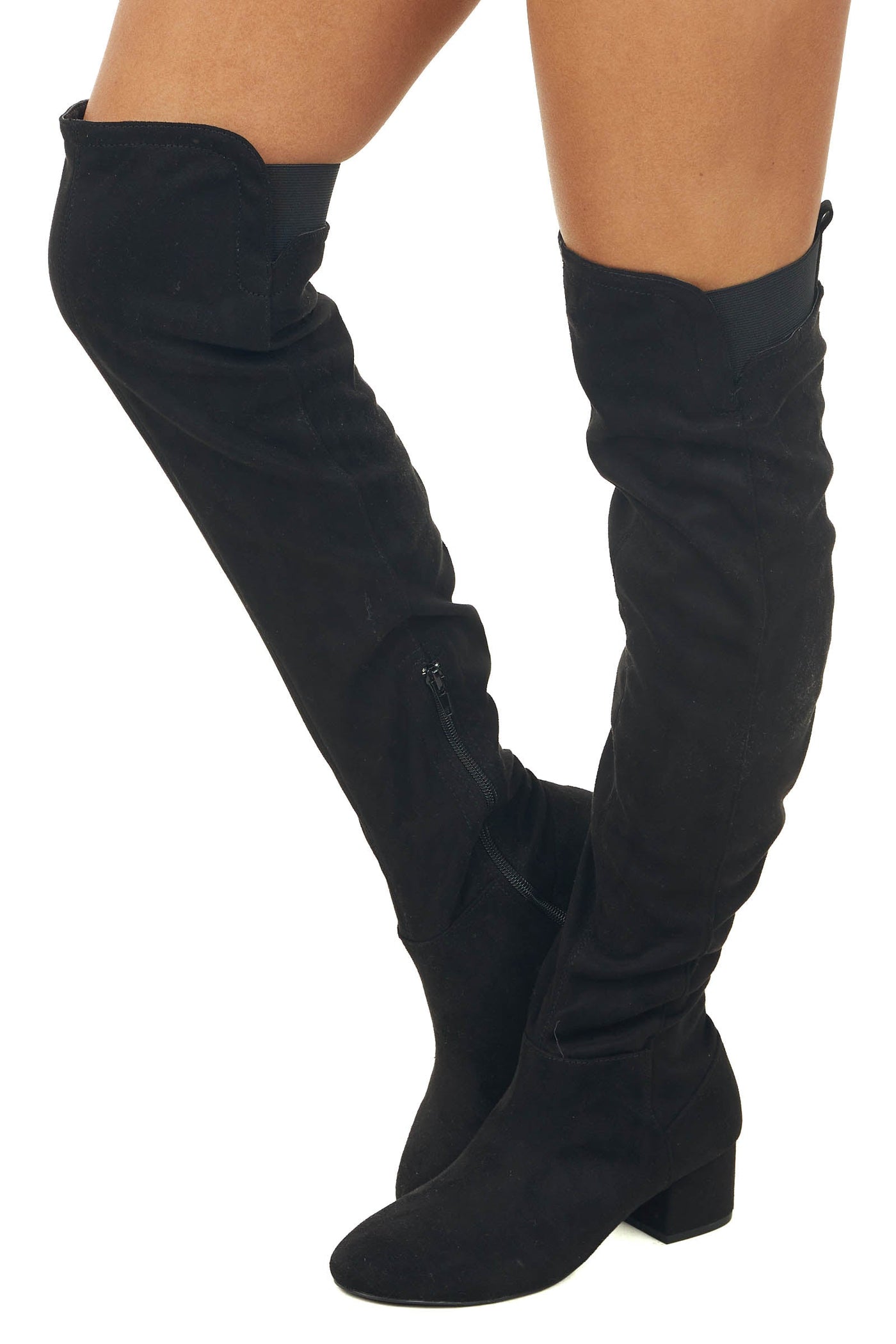 Black Faux Suede Block Heel Knee High Boots