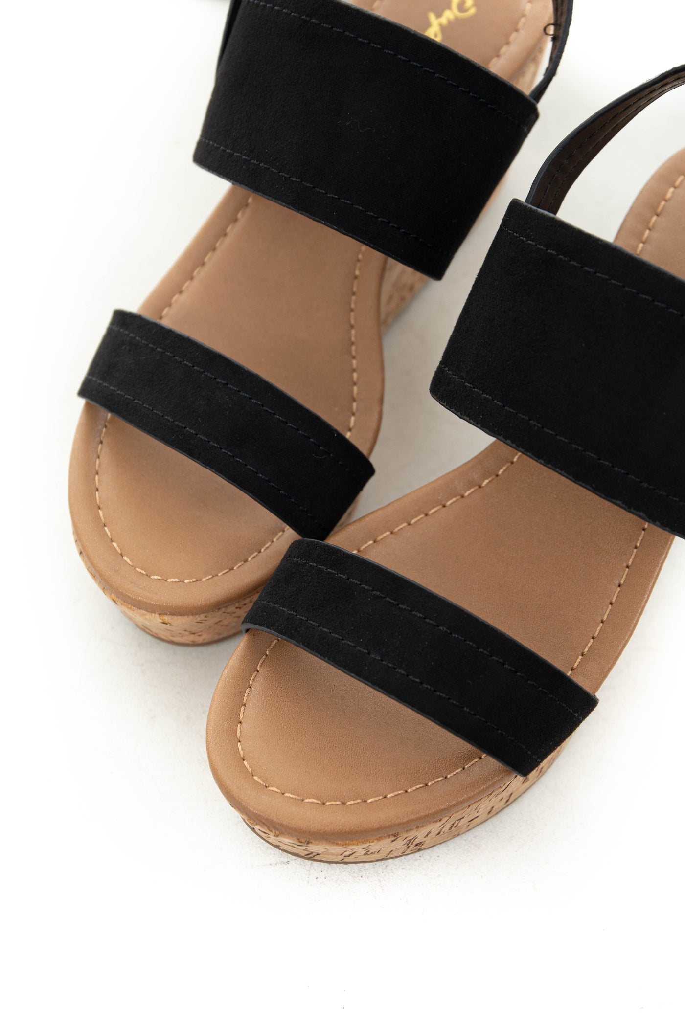 Black Faux Suede Double Strap Open Toe Wedges