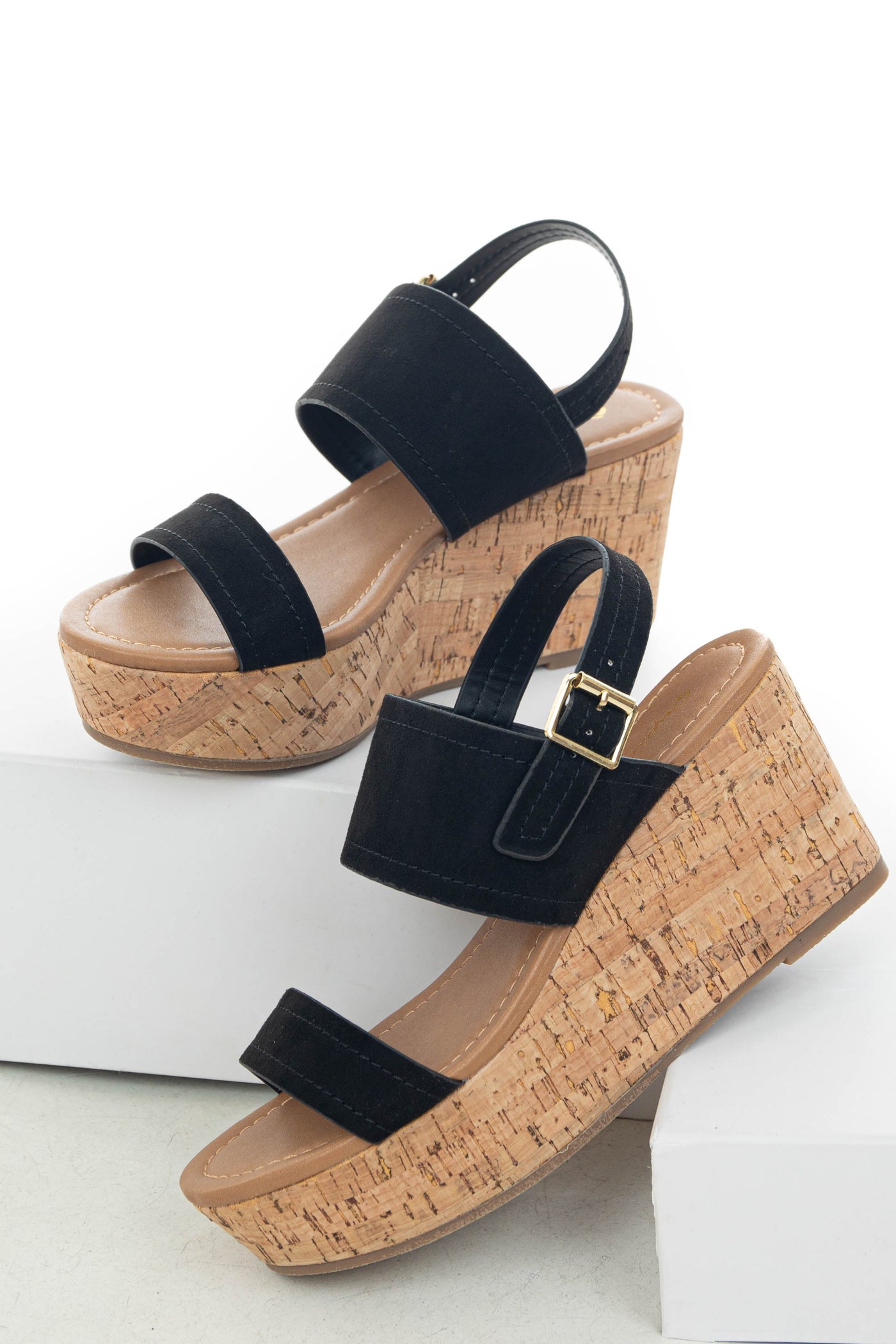 Black Faux Suede Double Strap Open Toe Wedges