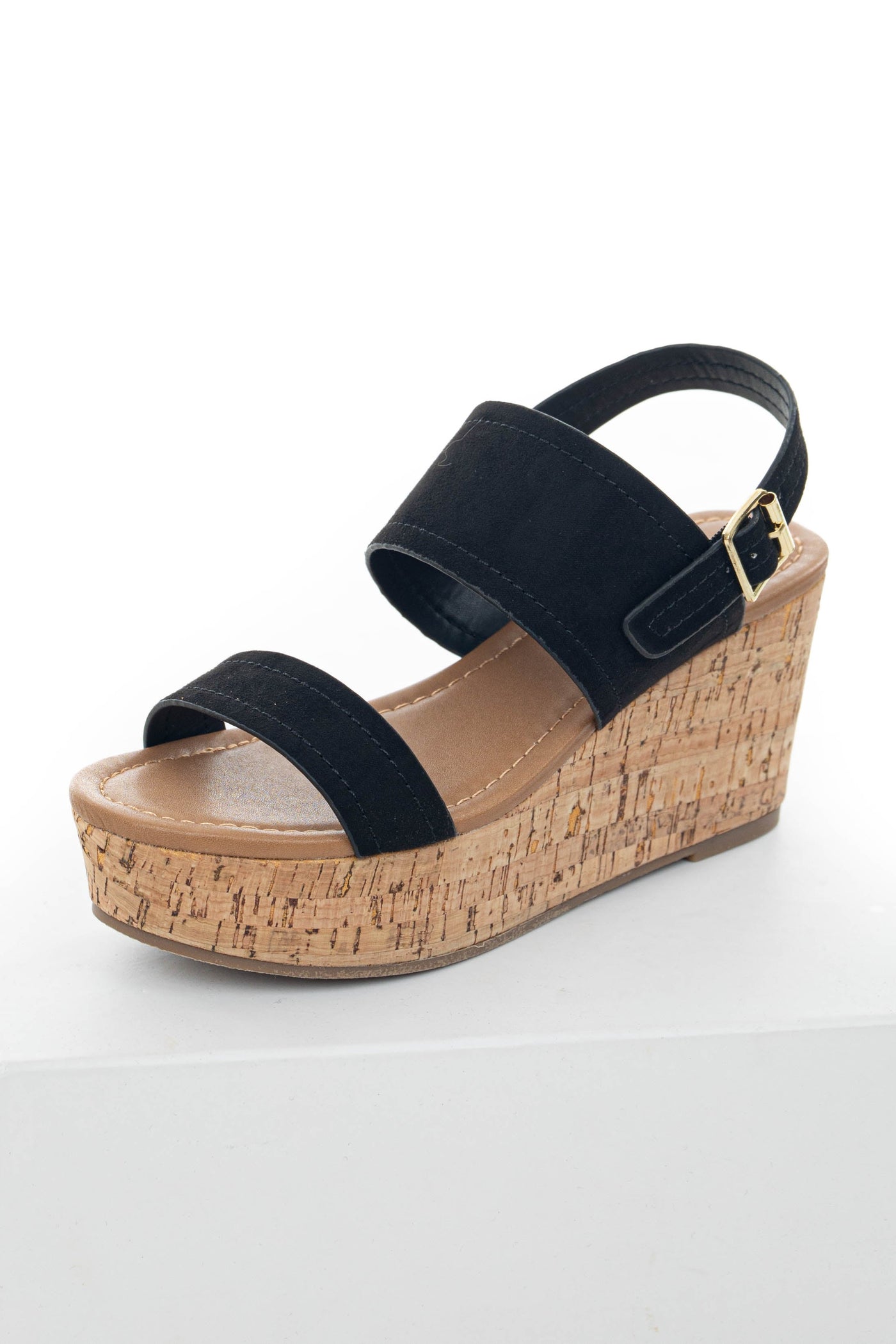 Black Faux Suede Double Strap Open Toe Wedges