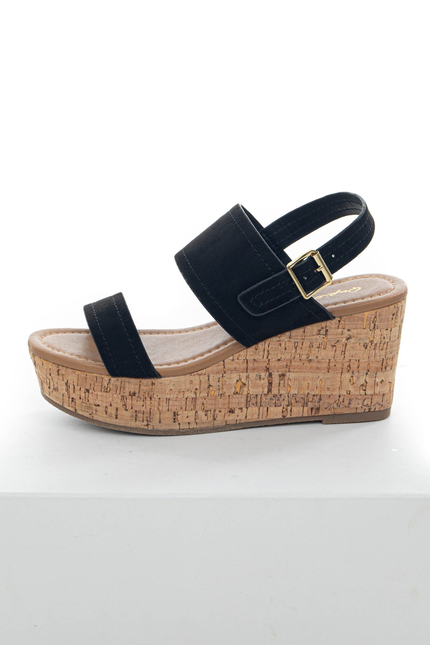 Black Faux Suede Double Strap Open Toe Wedges