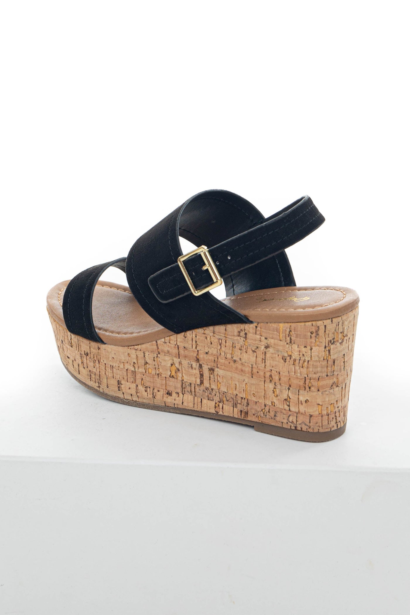 Black Faux Suede Double Strap Open Toe Wedges