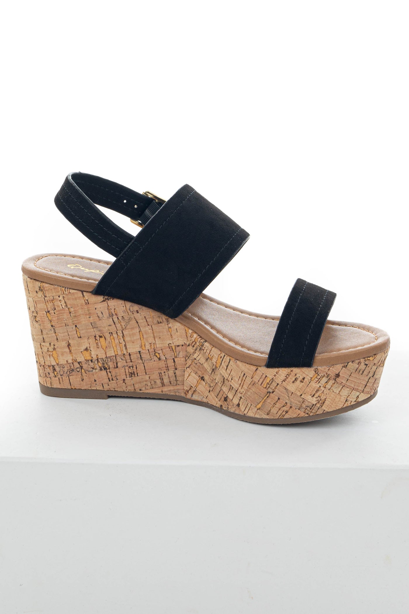 Black Faux Suede Double Strap Open Toe Wedges