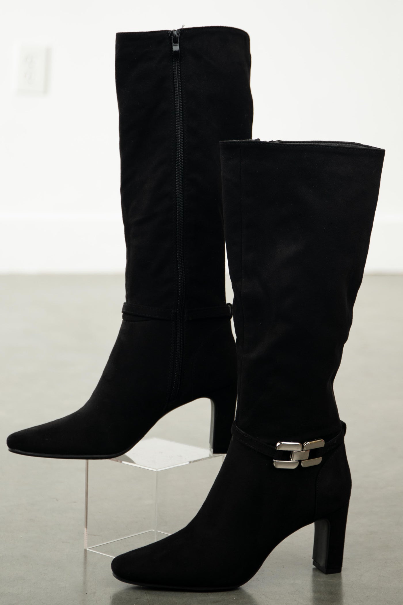 Black Faux Suede Knee High Boots with Chain Detail