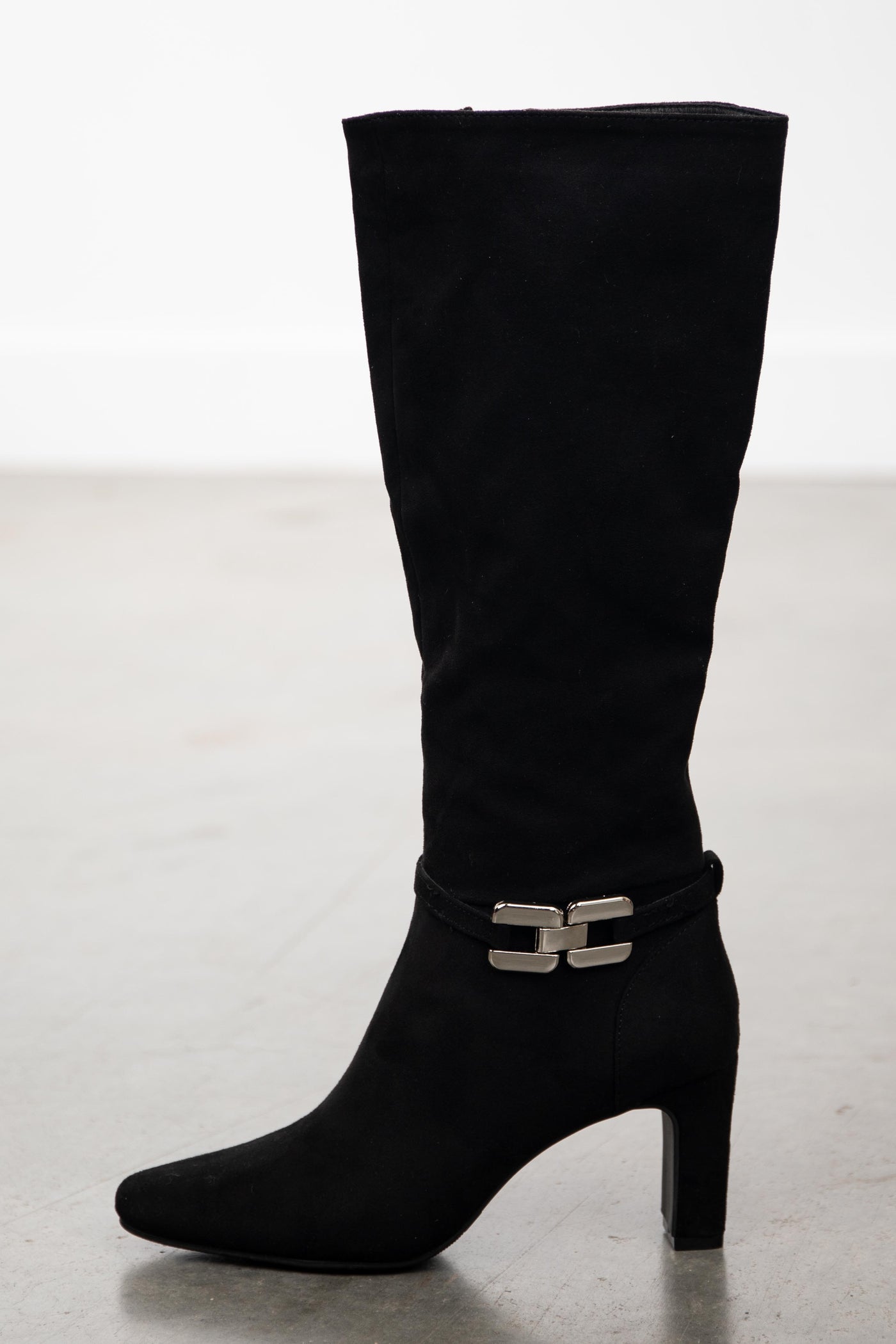Black Faux Suede Knee High Boots with Chain Detail