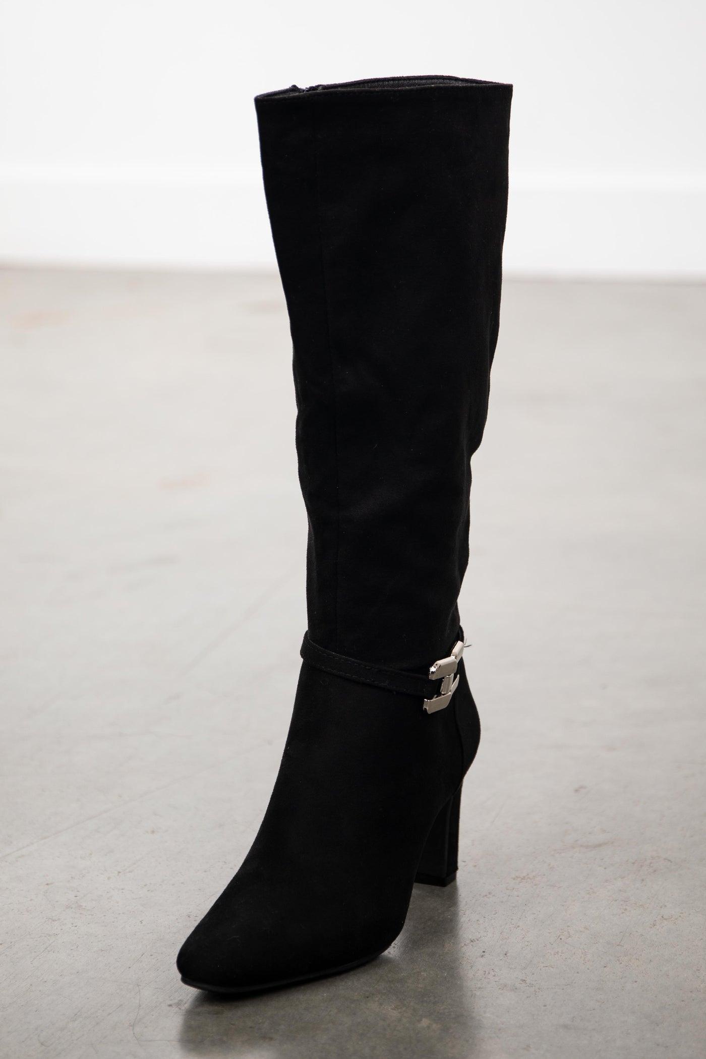 Black Faux Suede Knee High Boots with Chain Detail