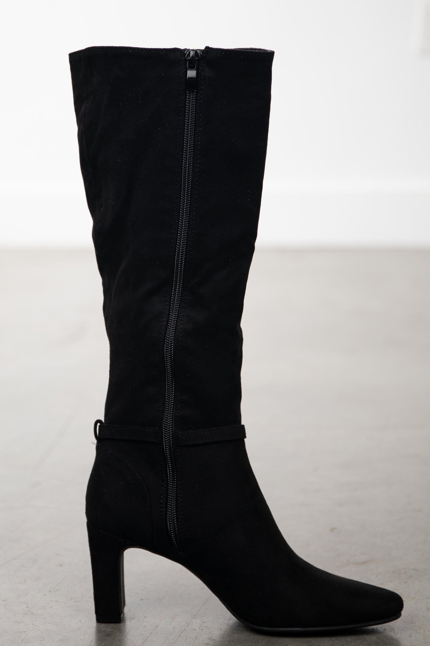Black Faux Suede Knee High Boots with Chain Detail