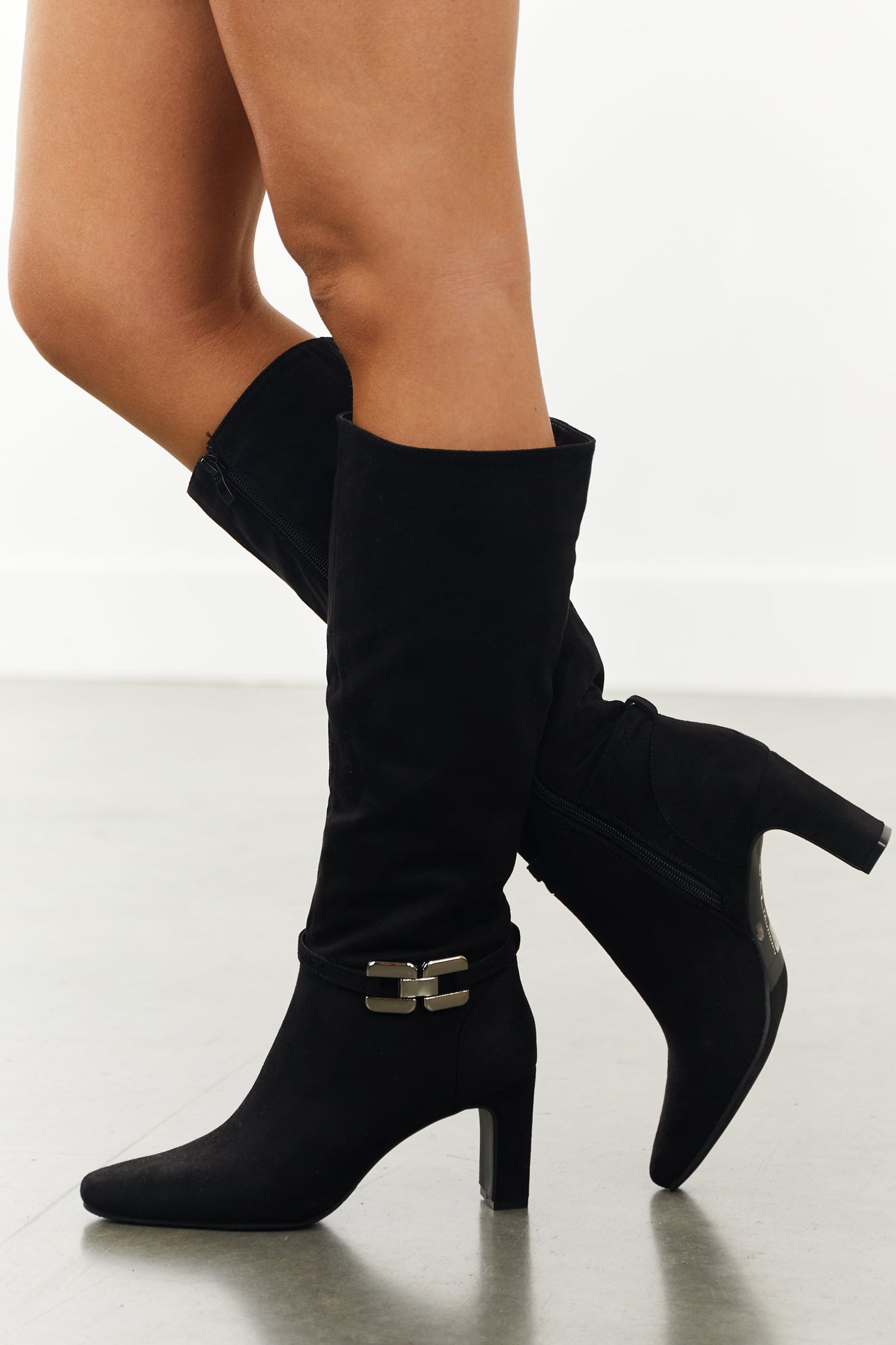Black Faux Suede Knee High Boots with Chain Detail