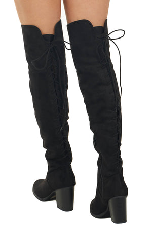 Black Faux Suede Lace Up Back Block Heel Boots