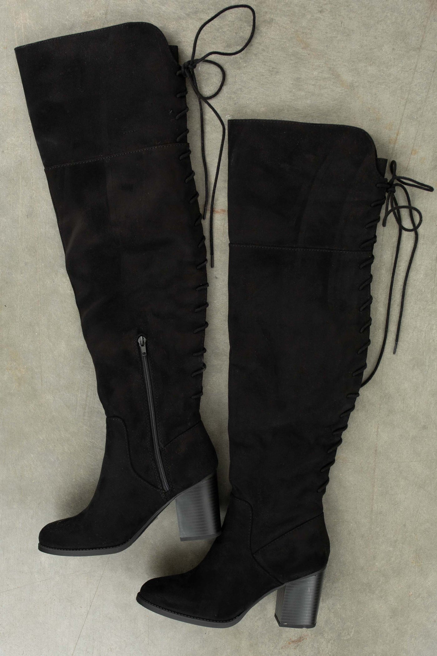 Black Faux Suede Lace Up Back Block Heel Boots