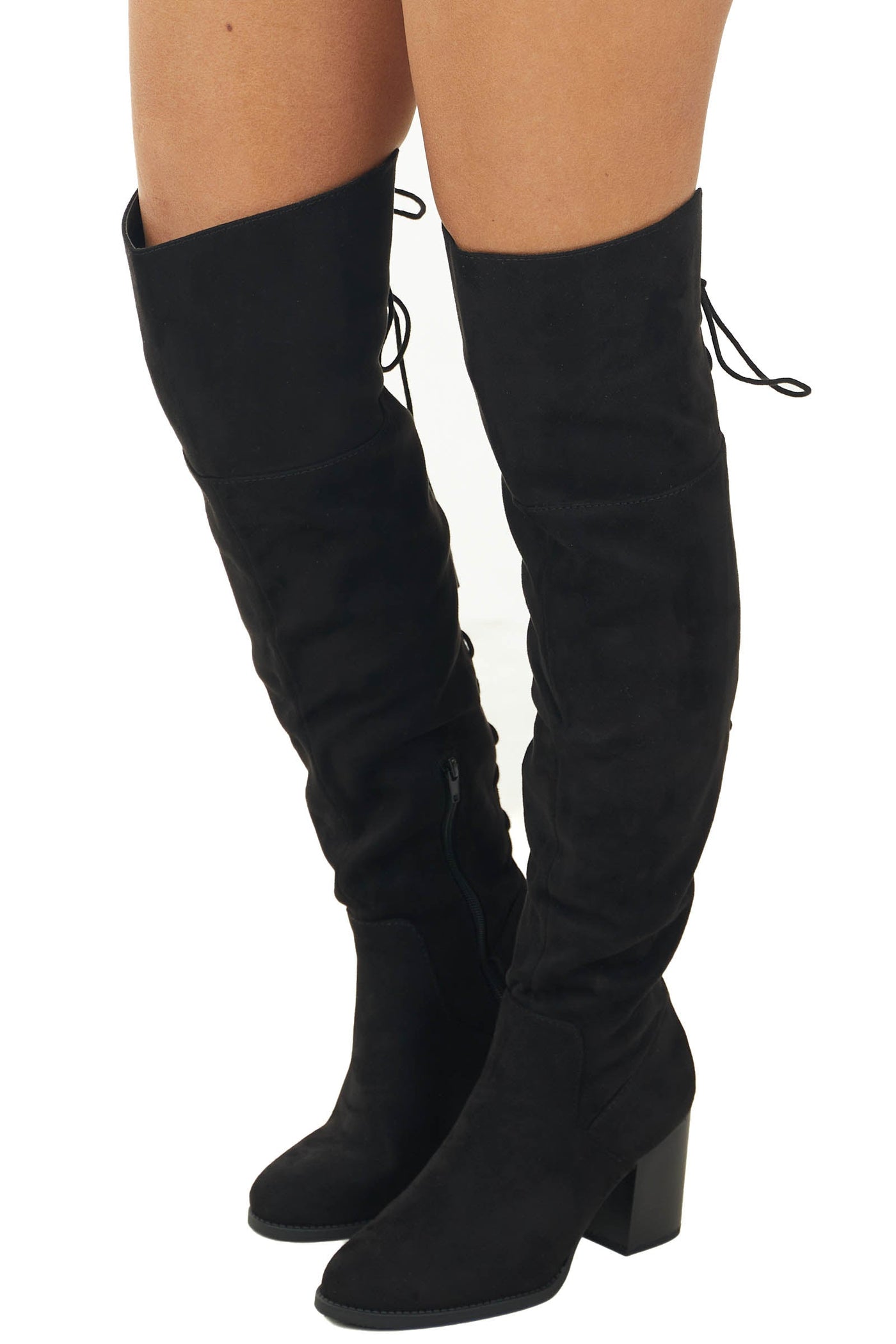 Black Faux Suede Lace Up Back Block Heel Boots