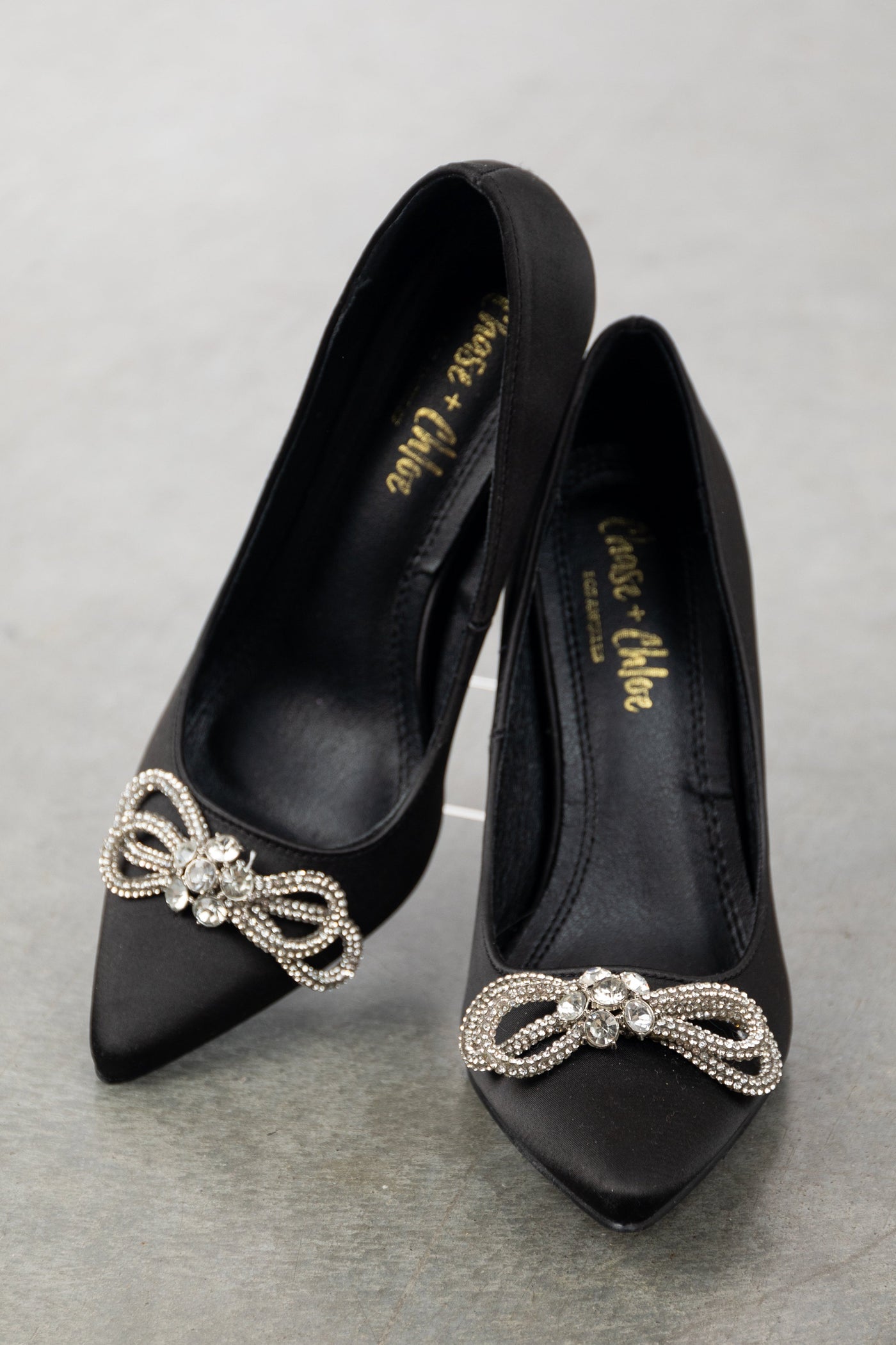 Black Faux Suede Rhinestone Bow Stiletto Heels