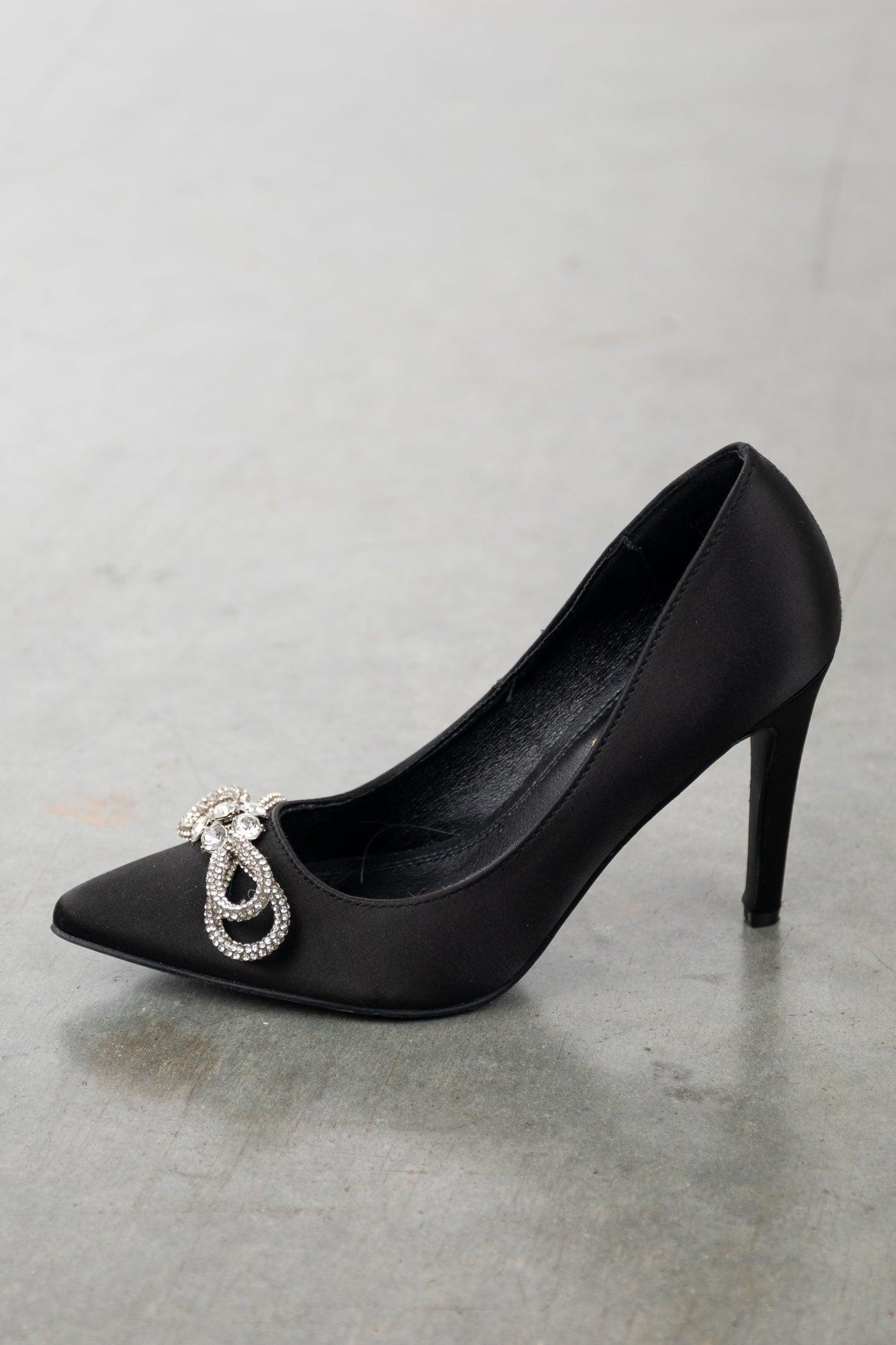 Black Faux Suede Rhinestone Bow Stiletto Heels