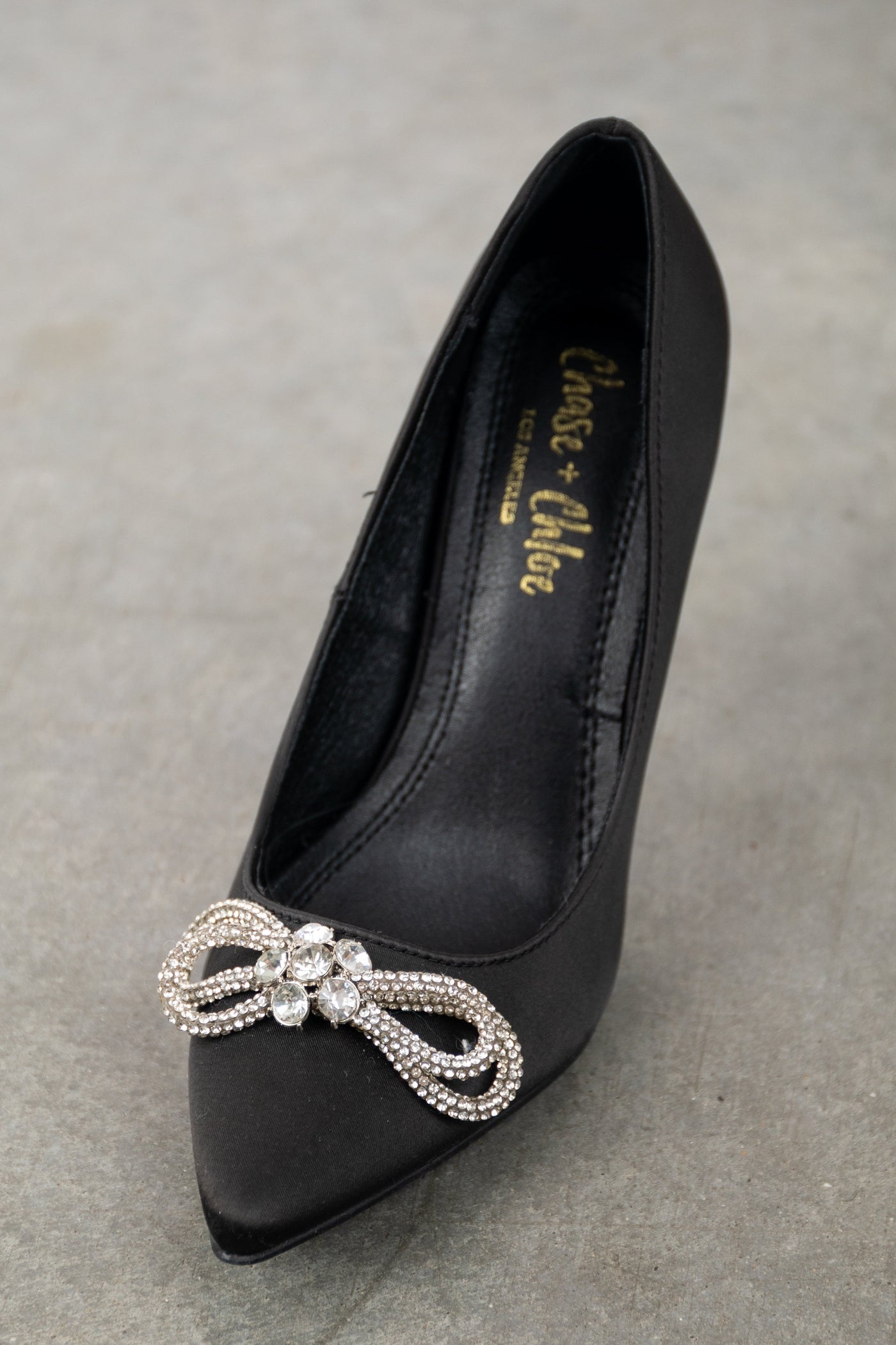 Black Faux Suede Rhinestone Bow Stiletto Heels