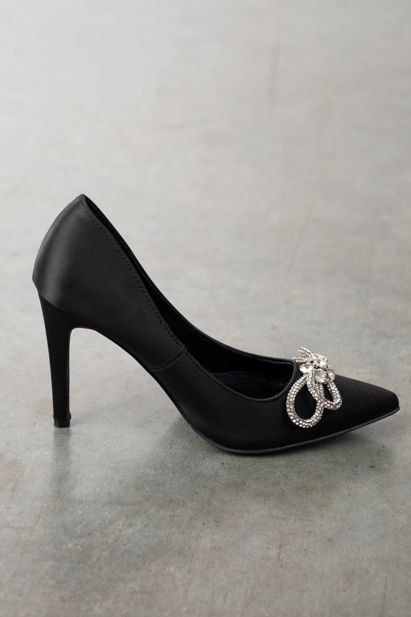 Black Faux Suede Rhinestone Bow Stiletto Heels