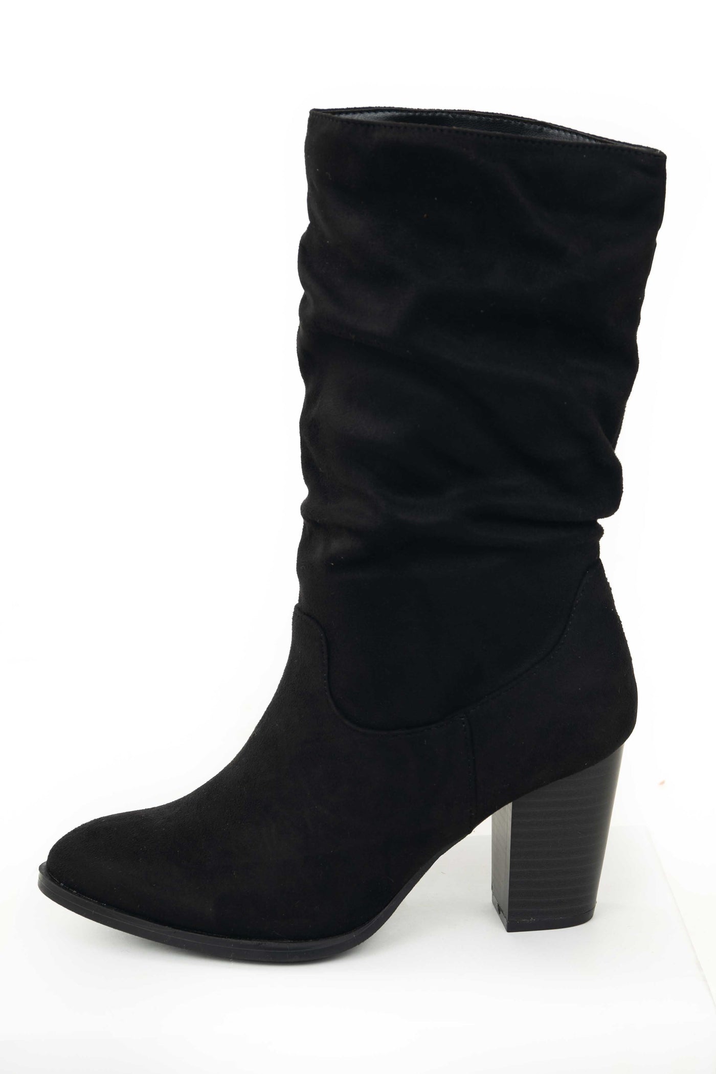 Black Faux Suede Slouchy Mid Calf Heel Boots
