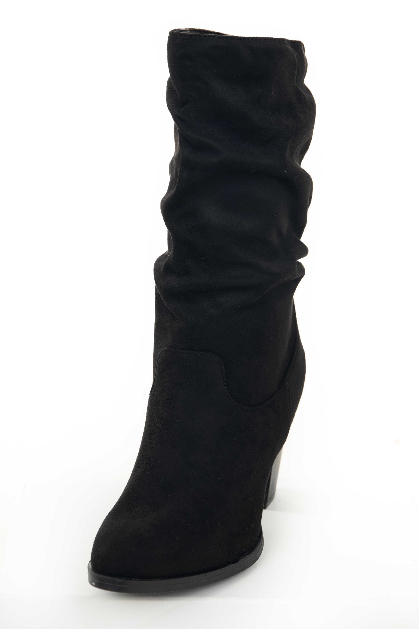 Black Faux Suede Slouchy Mid Calf Heel Boots
