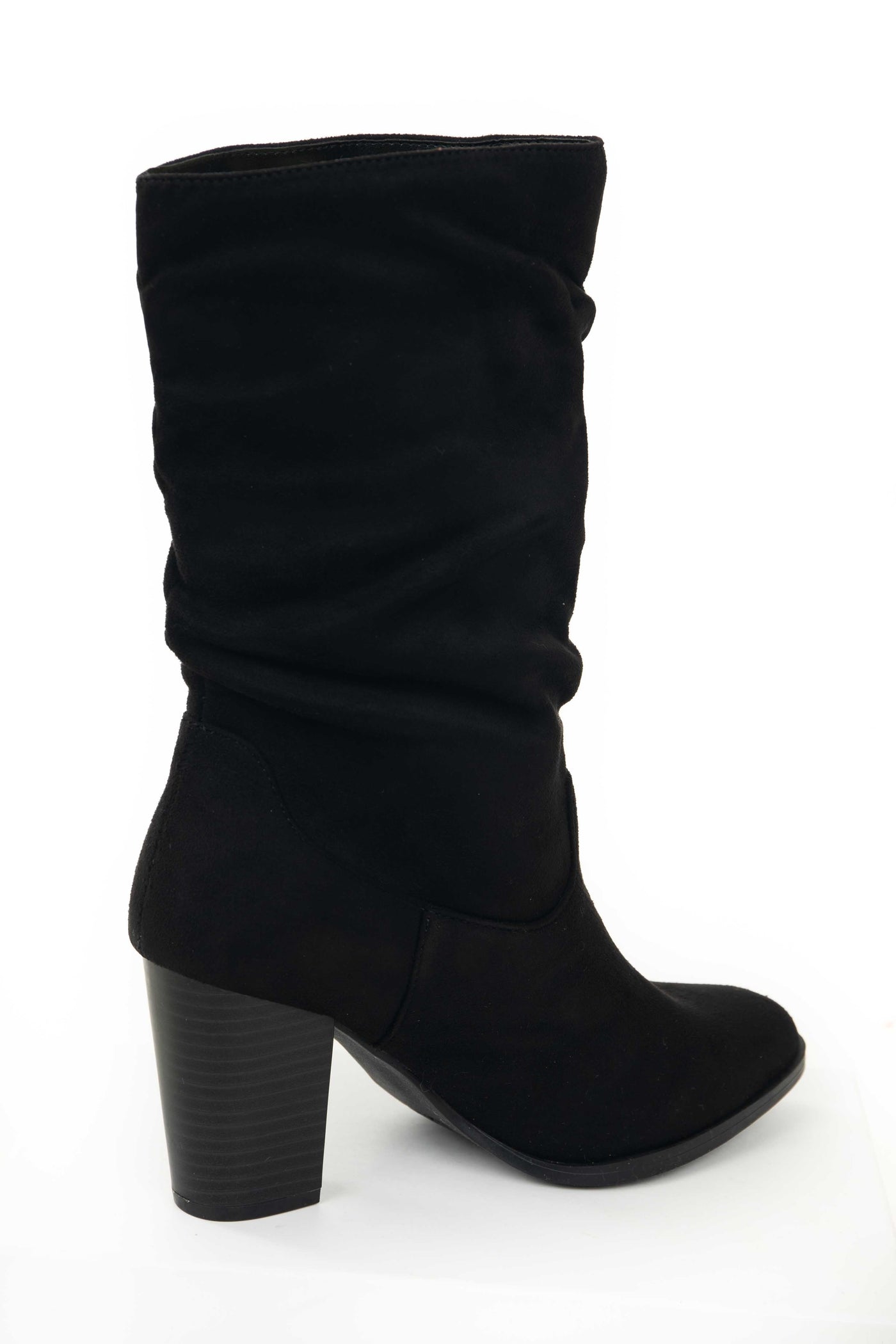 Black Faux Suede Slouchy Mid Calf Heel Boots