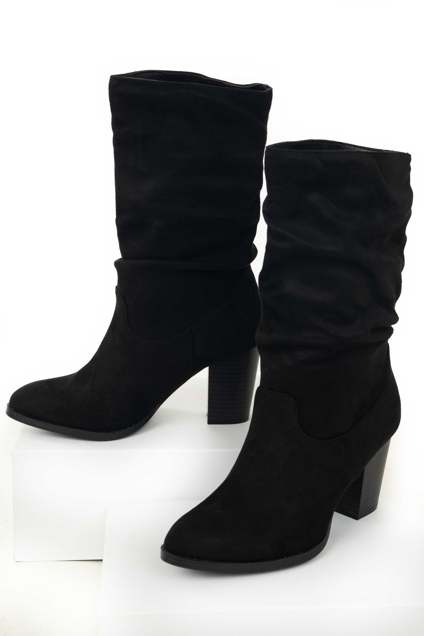 Black Faux Suede Slouchy Mid Calf Heel Boots