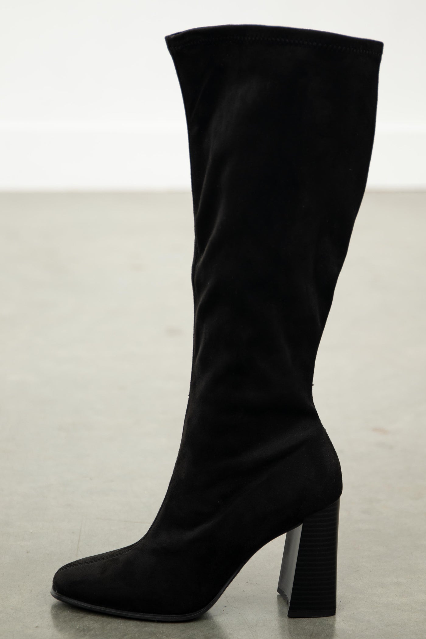 Black Faux Suede Square Toe Knee High Boots