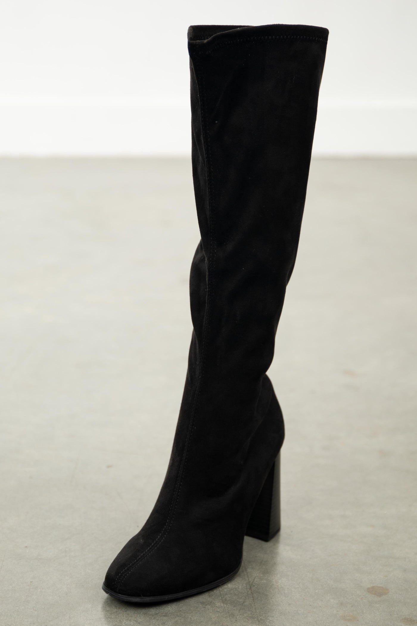 Black Faux Suede Square Toe Knee High Boots