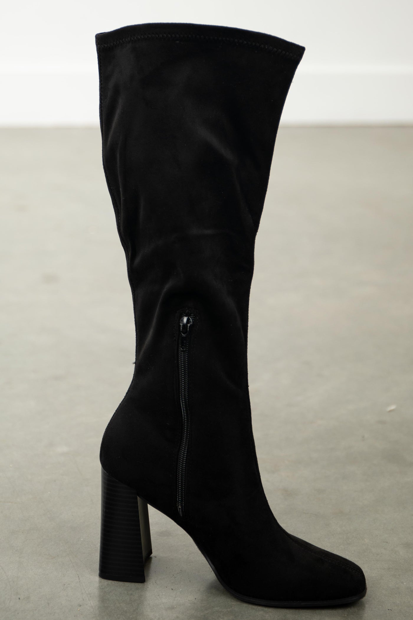 Black Faux Suede Square Toe Knee High Boots