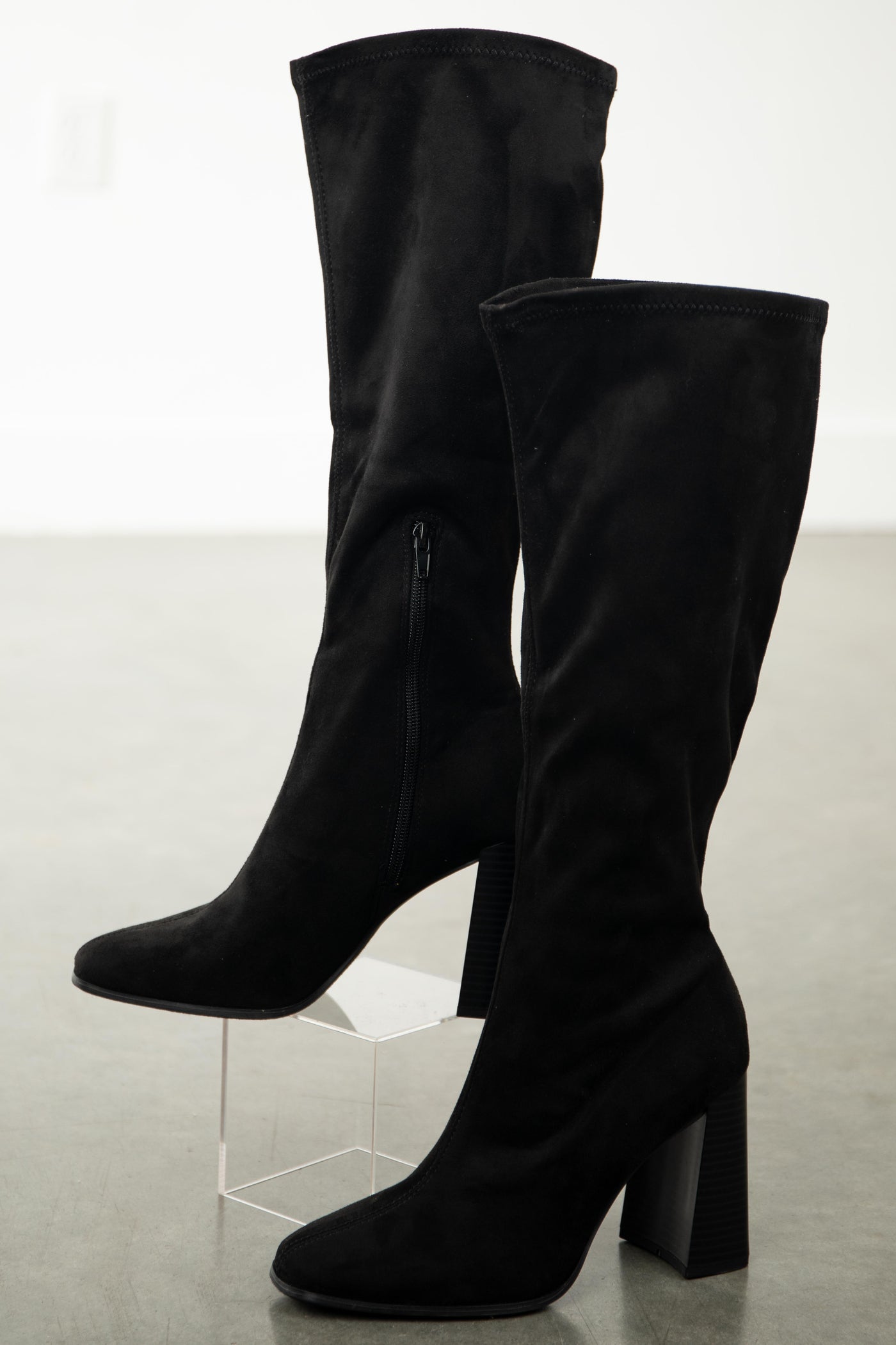 Black Faux Suede Square Toe Knee High Boots