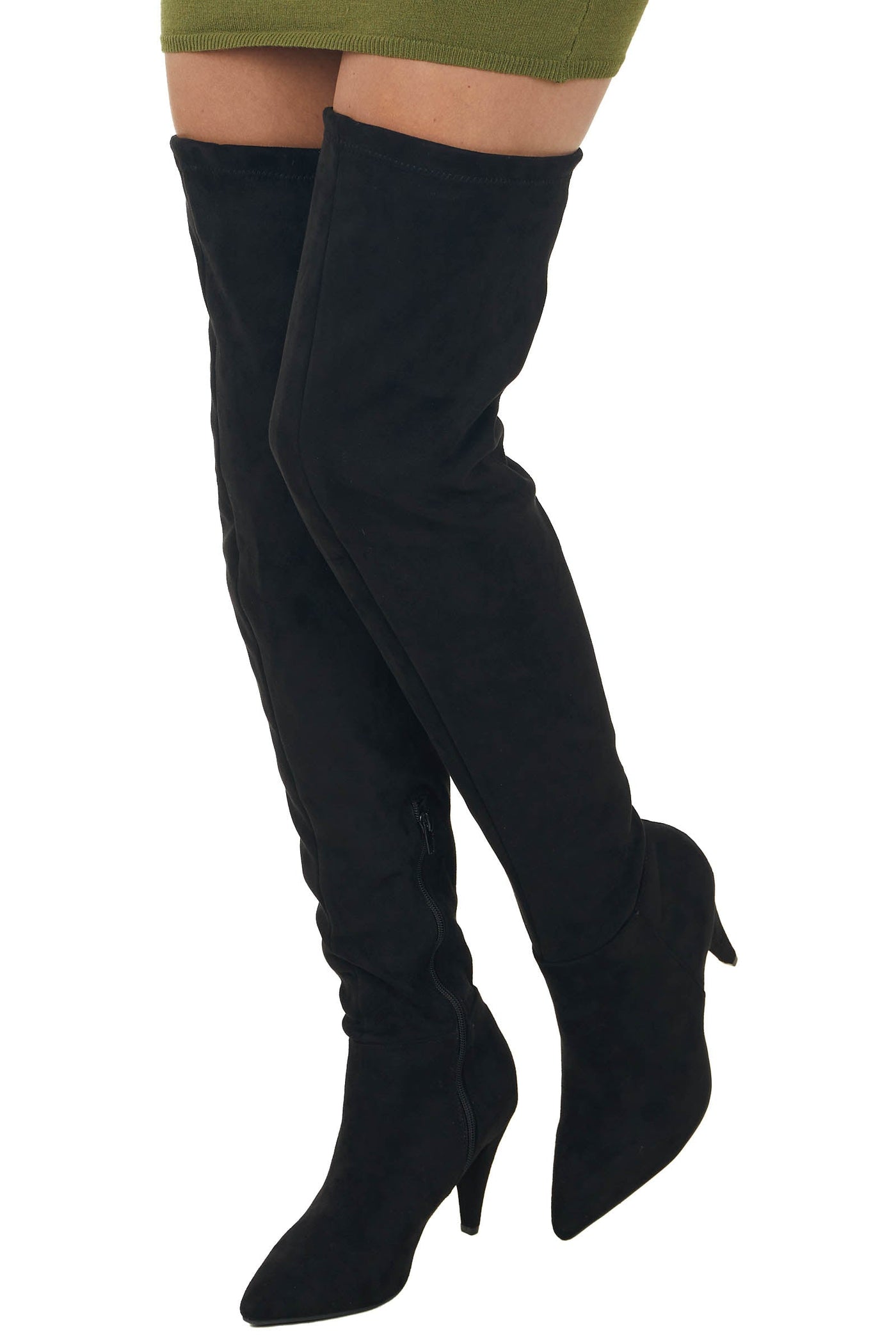 Black Faux Suede Thigh High Pointed Heel Boots