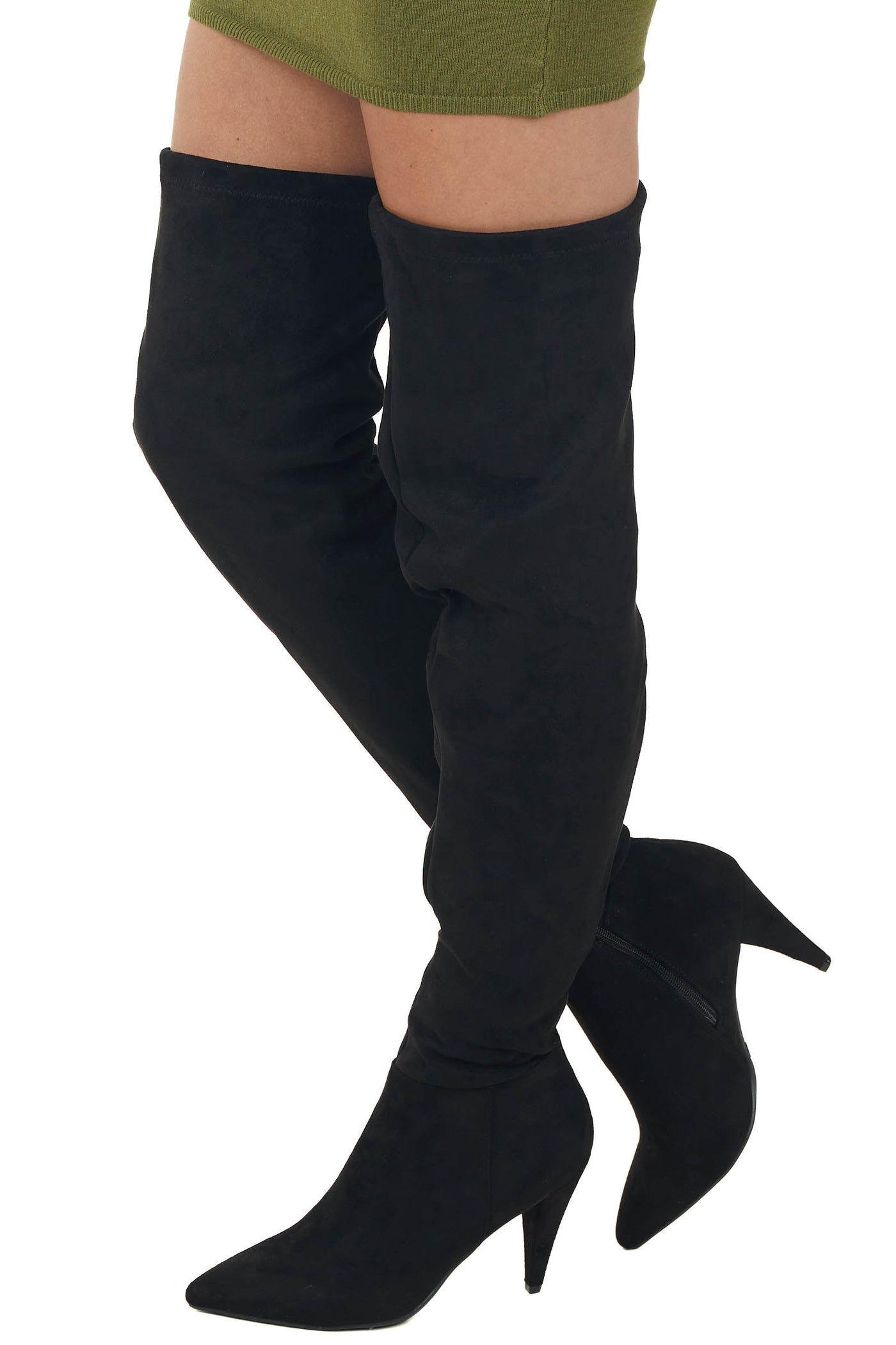 Black Faux Suede Thigh High Pointed Heel Boots