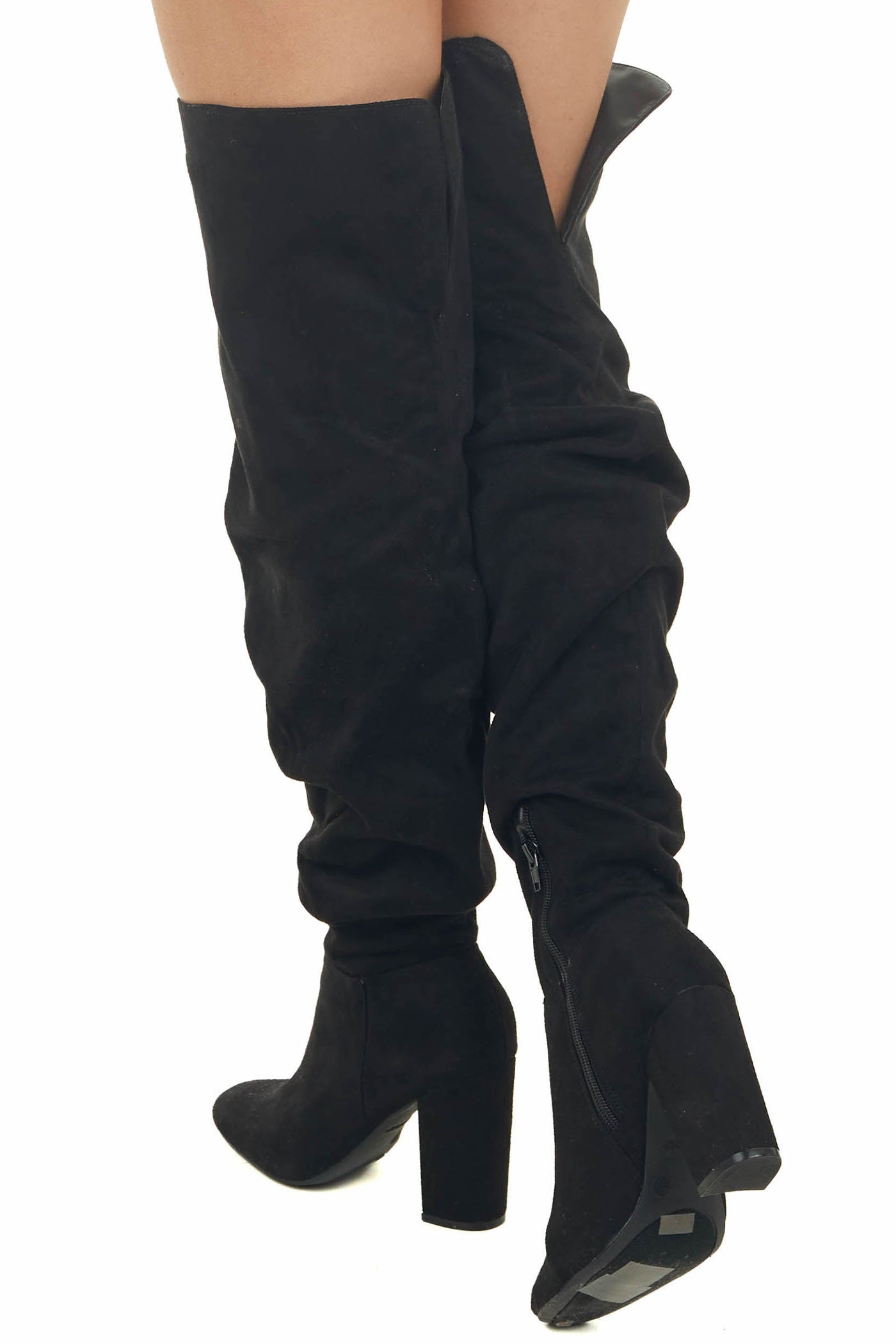 Black Faux Suede Thigh High Scrunch Style Boots