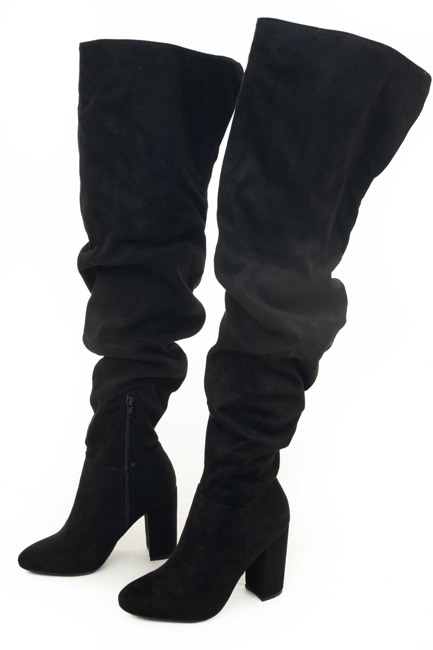 Black Faux Suede Thigh High Scrunch Style Boots