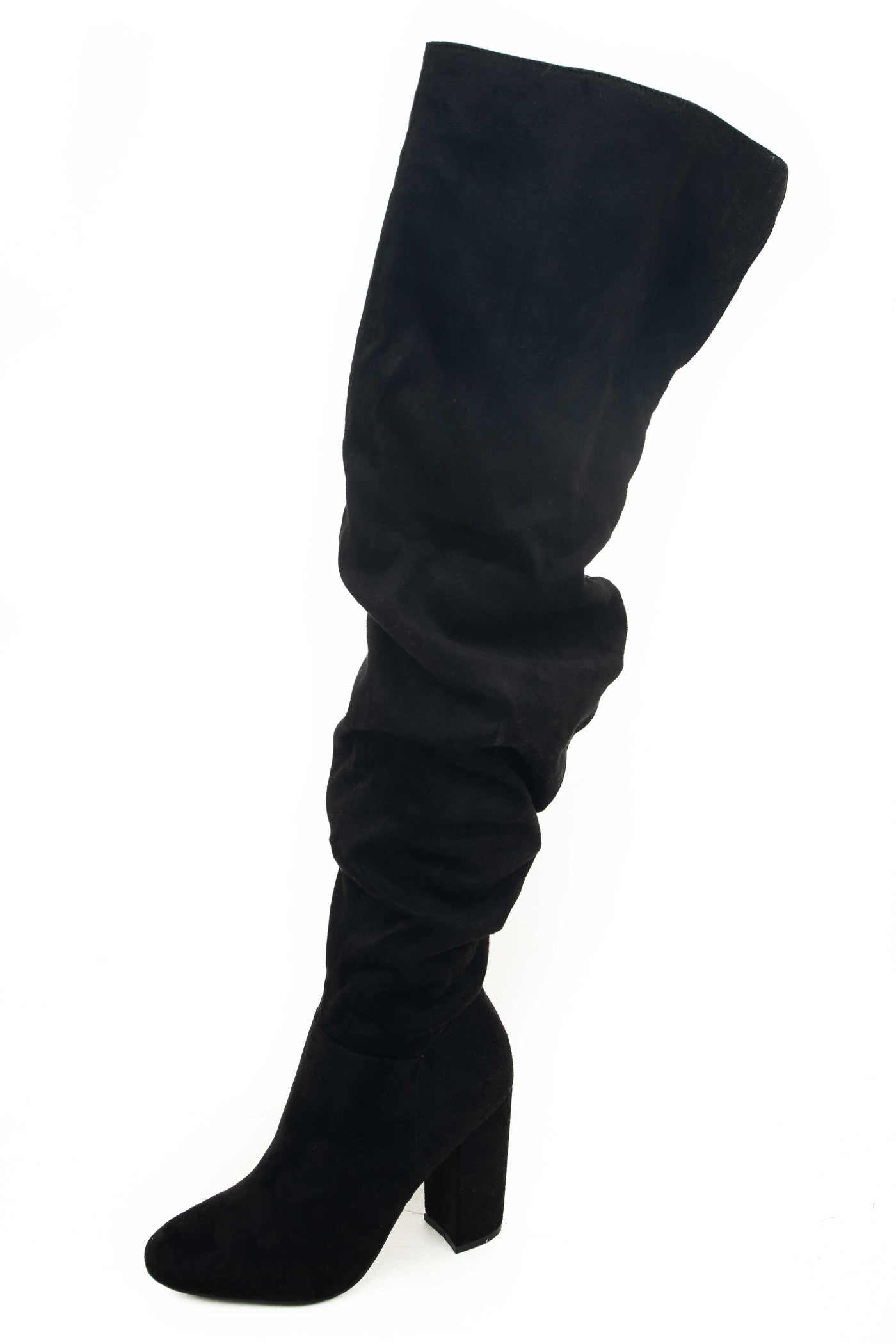 Black Faux Suede Thigh High Scrunch Style Boots