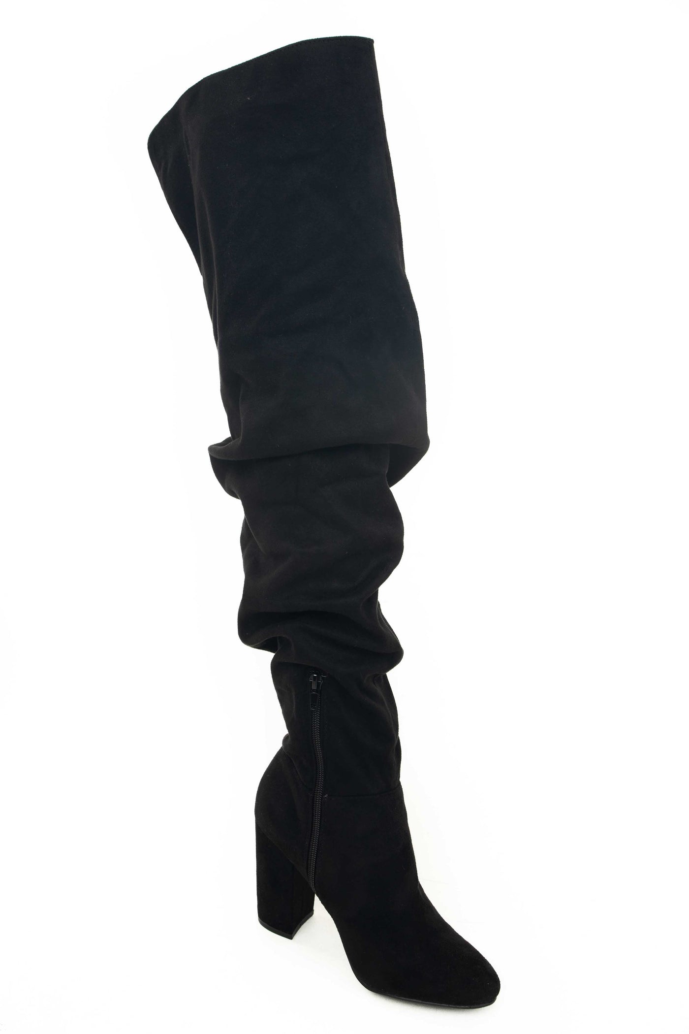 Black Faux Suede Thigh High Scrunch Style Boots